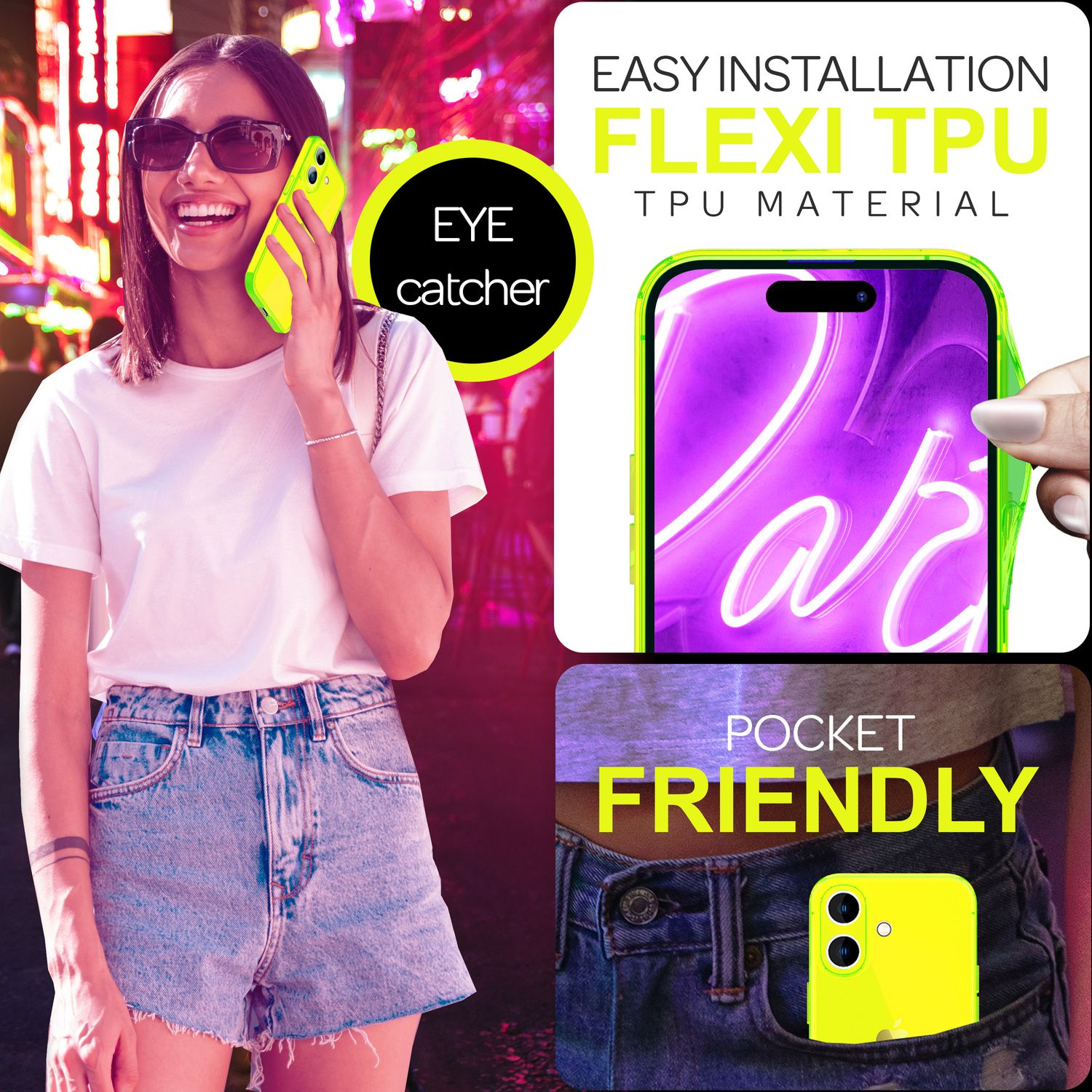 Eine Frau mit Sonnenbrille hält ein neongrünes Telefon mit Hülle und ein Telefon in der Tasche.