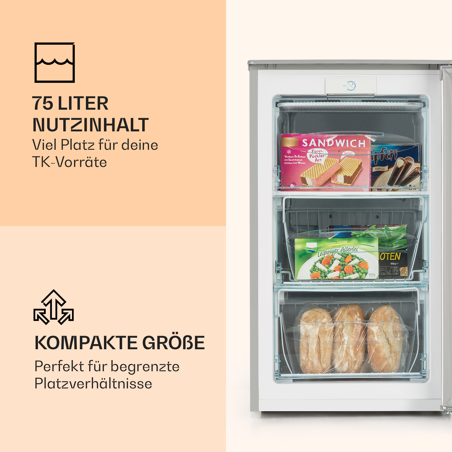 Ein Gefrierschrank mit Textetiketten. Enthält Tiefkühlkost. Text lautet '75 Liter Nutzinhalt'.