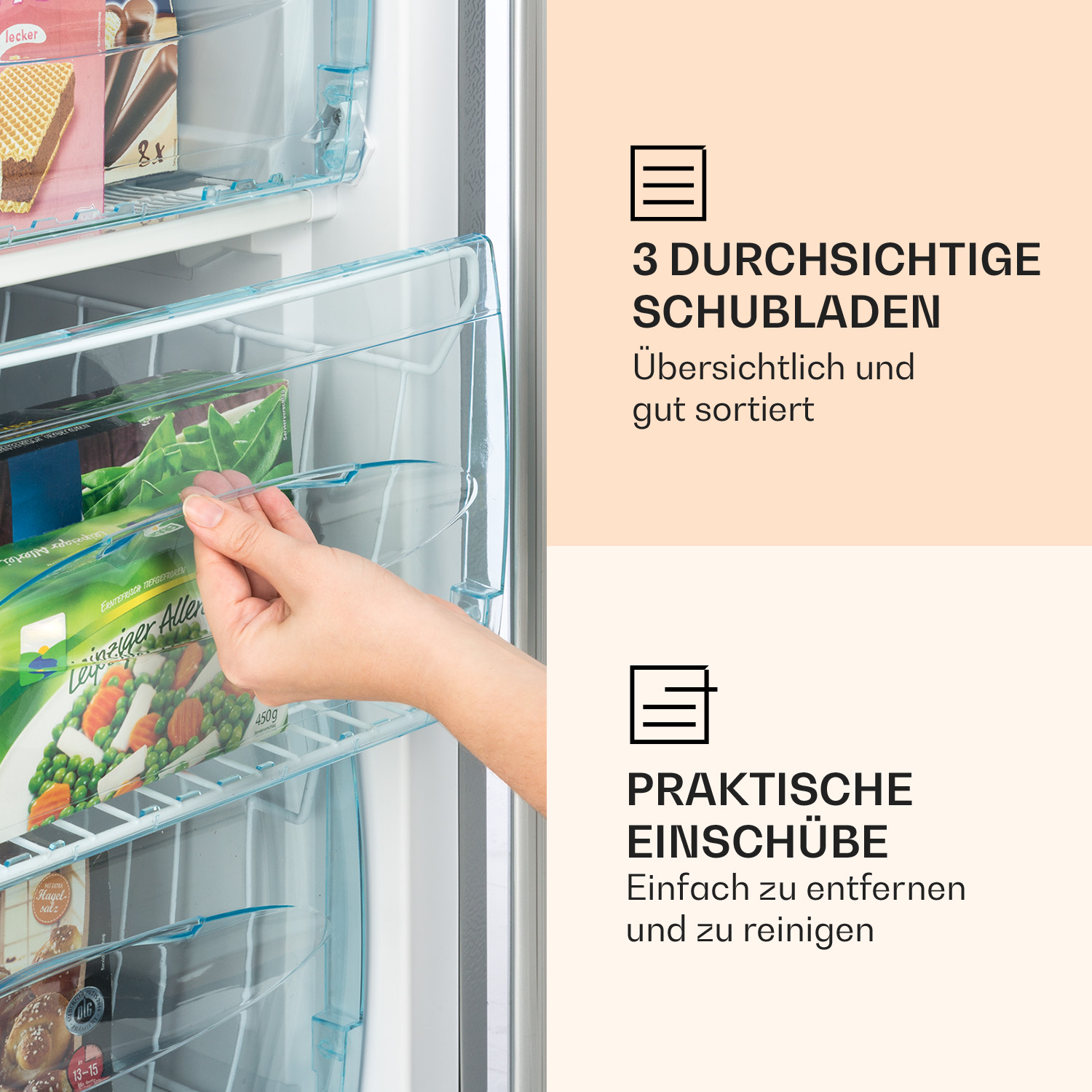 Eine Hand öffnet eine Gefrierschublade mit Lebensmitteln, Text auf Deutsch.