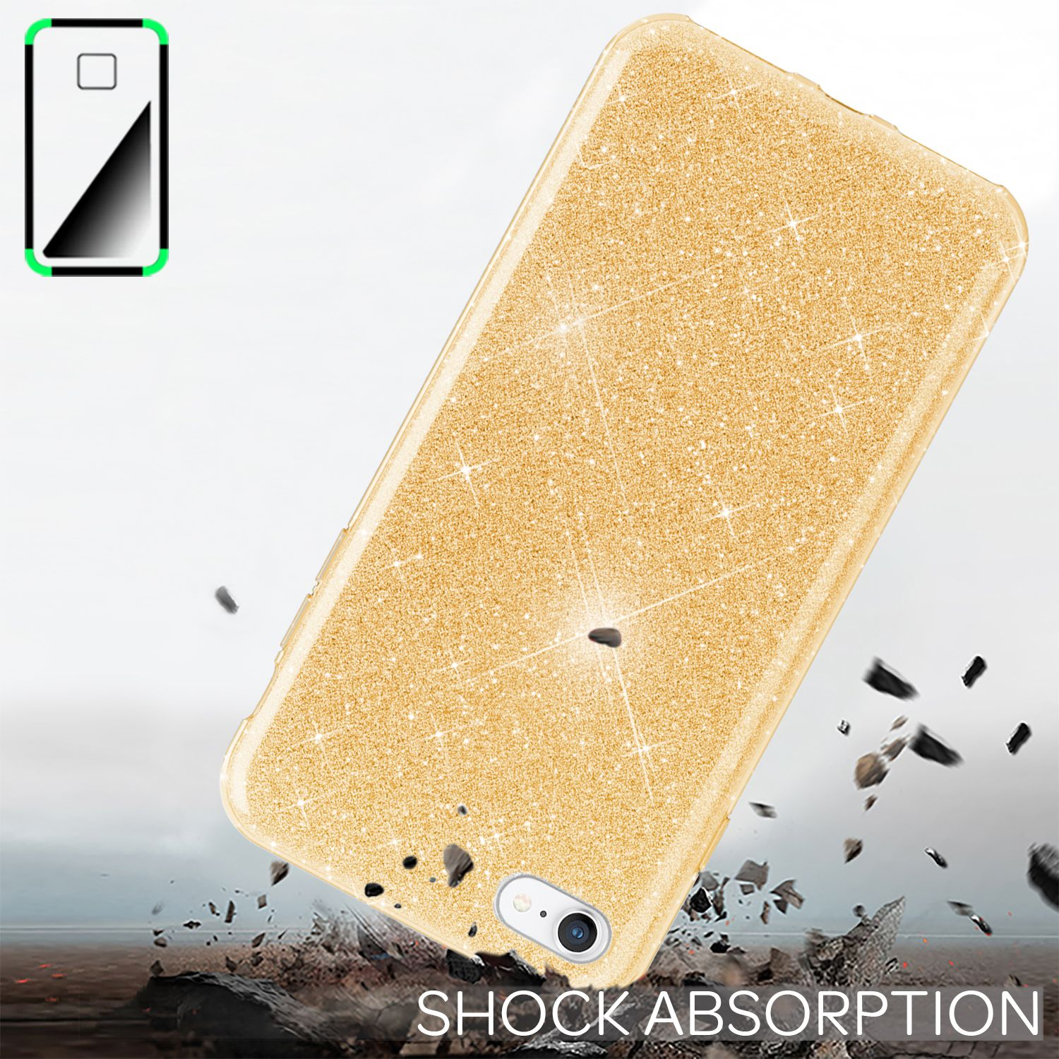 Una custodia dorata con glitter che cade, con rocce intorno. Il testo "SHOCK ABSORPTION" è visibile.