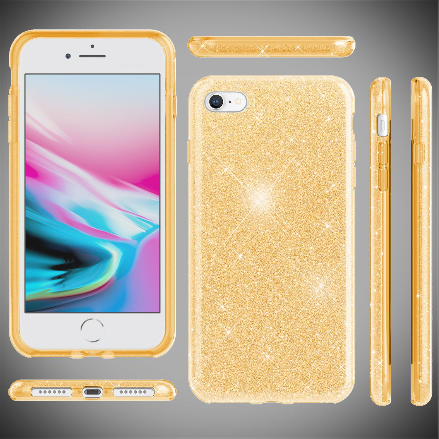 Diverse viste di una custodia per telefono glitterata dorata, con un telefono all'interno. La custodia è lucida.