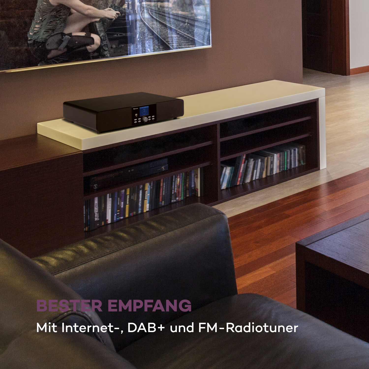 Schwarzes Audiosystem auf einem weißen und braunen Regal, mit Text für Internetradio und DAB+.
