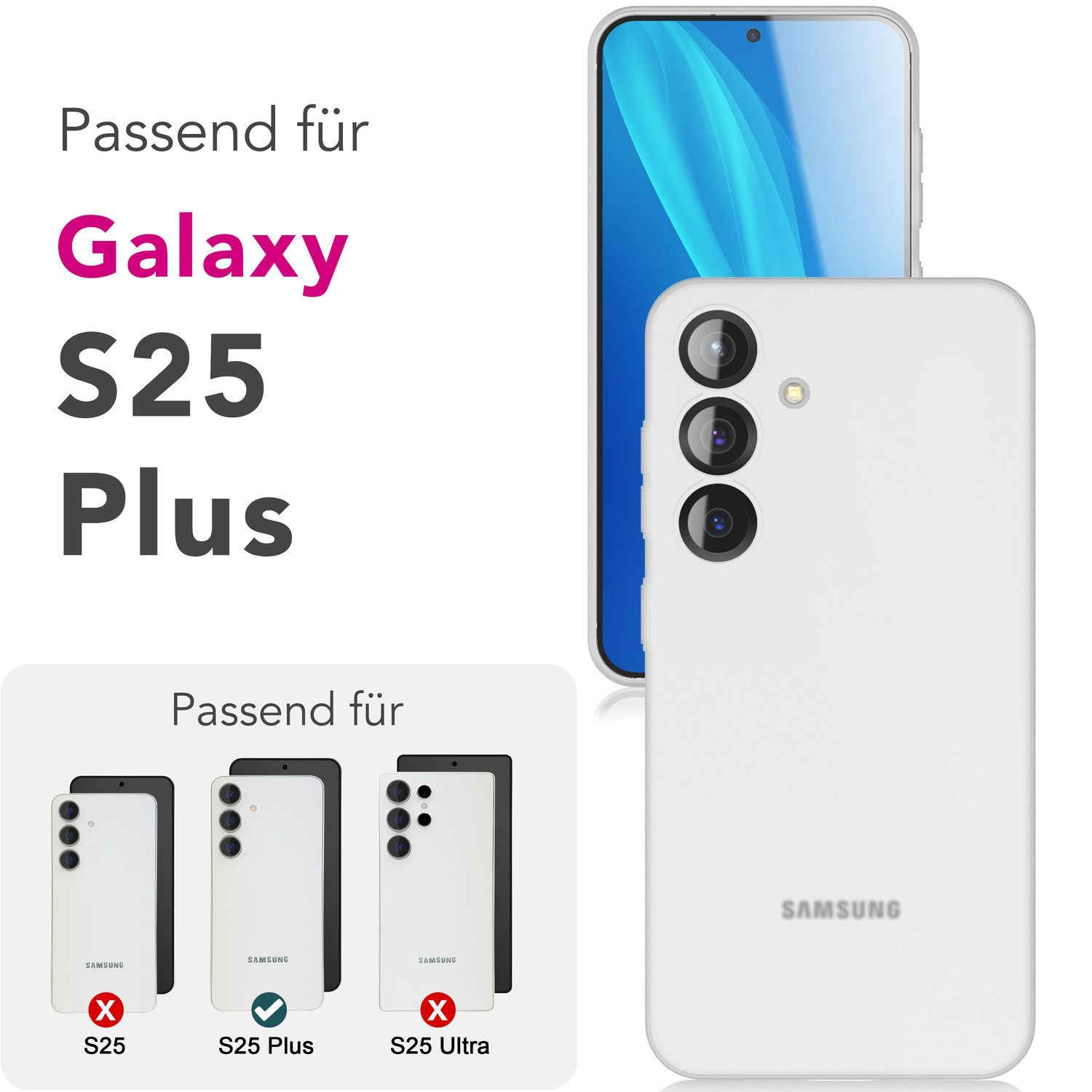 Weißes Handycase mit Kompatibilitätsangaben,  für Galaxy S25 Plus.