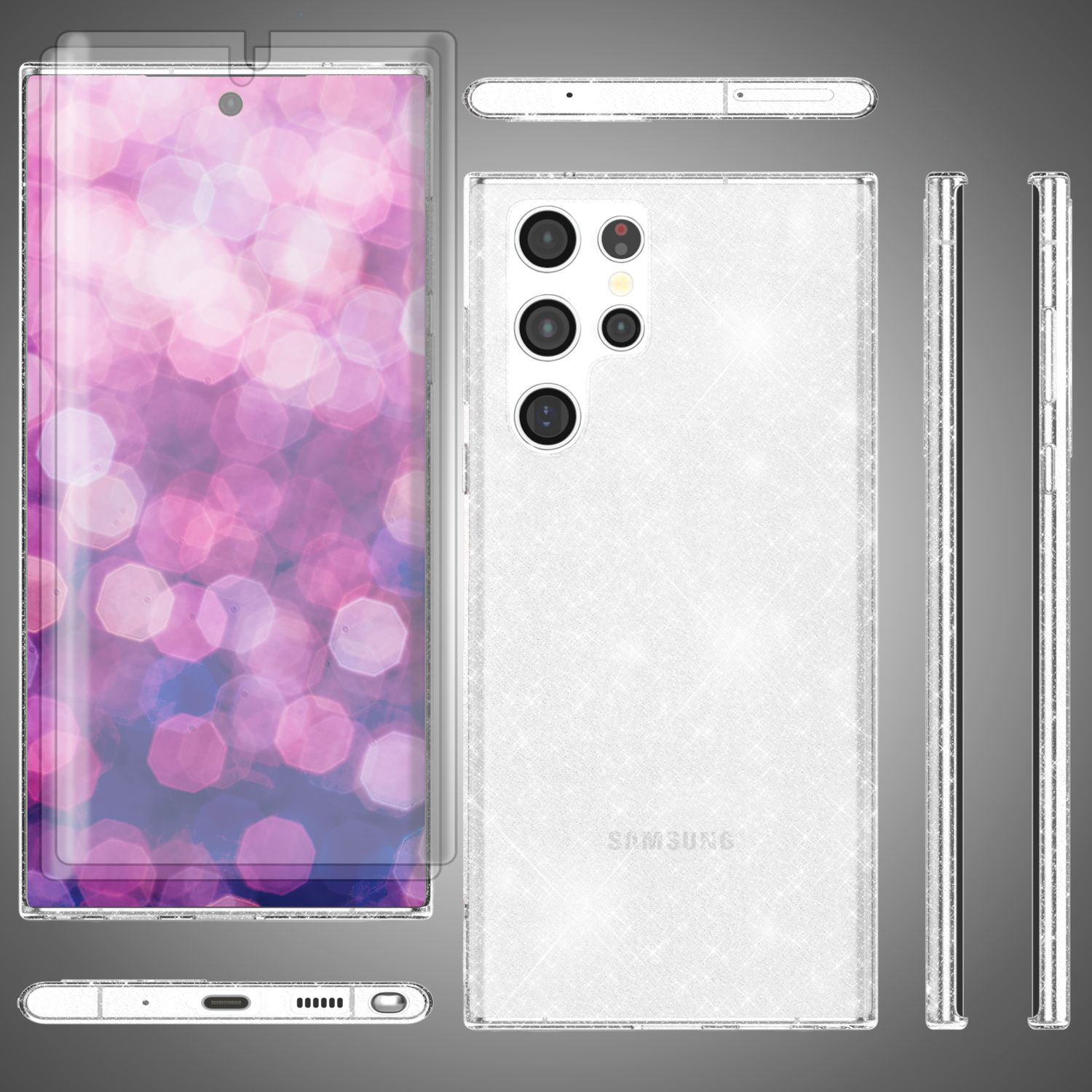 Ein Telefon mit transparenter Hülle. Mehrere Ansichten zeigen das Design und die Hülle.