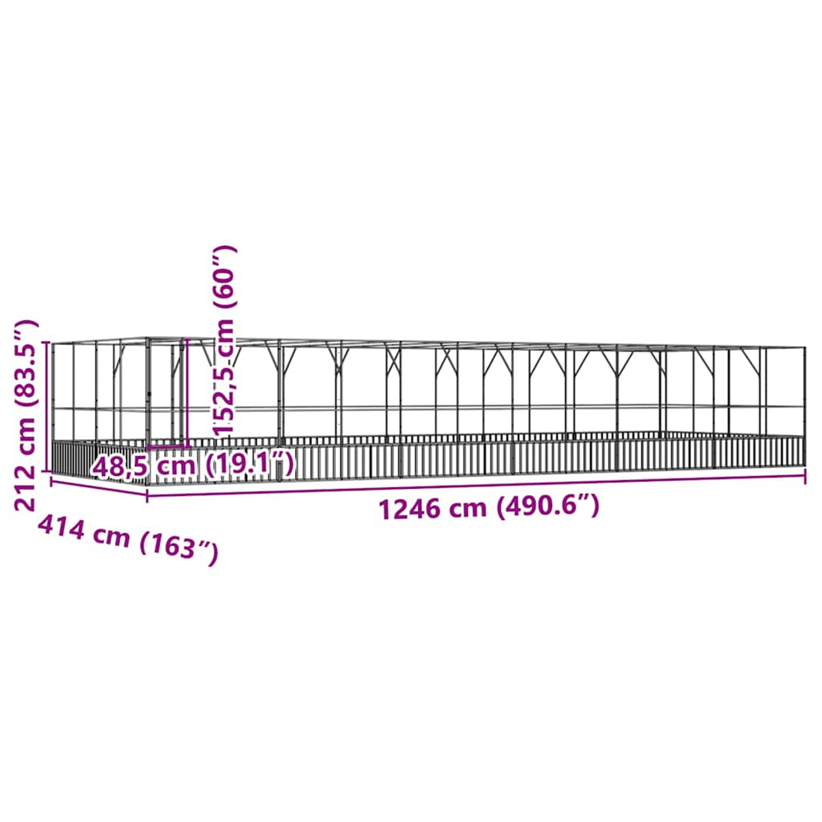 Diagramm eines Gewächshauses mit beschrifteten Abmessungen in cm und Zoll, auf weißem Hintergrund.