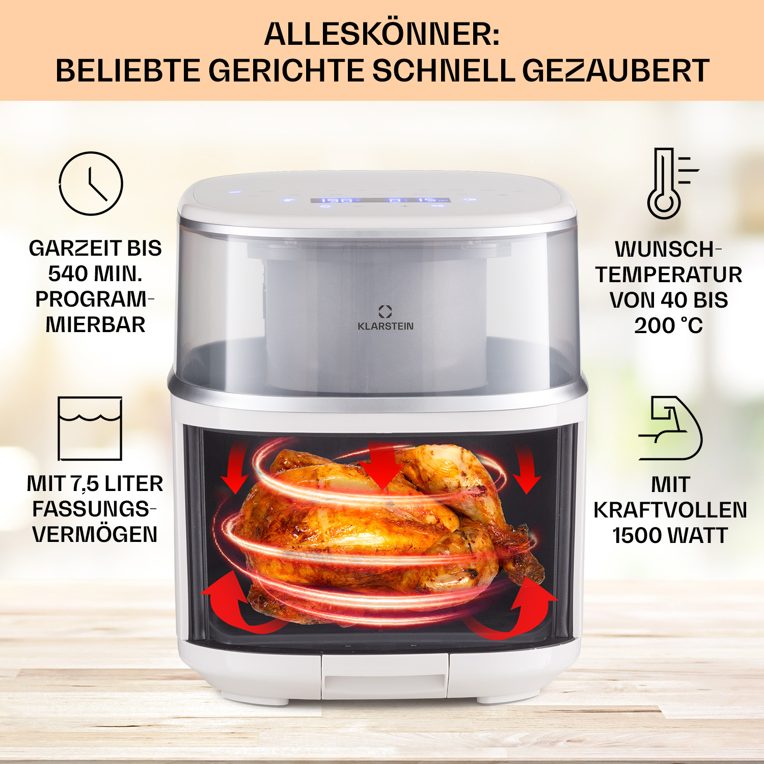 Una friggitrice ad aria con un pollo arrosto all'interno e descrizioni di testo intorno.