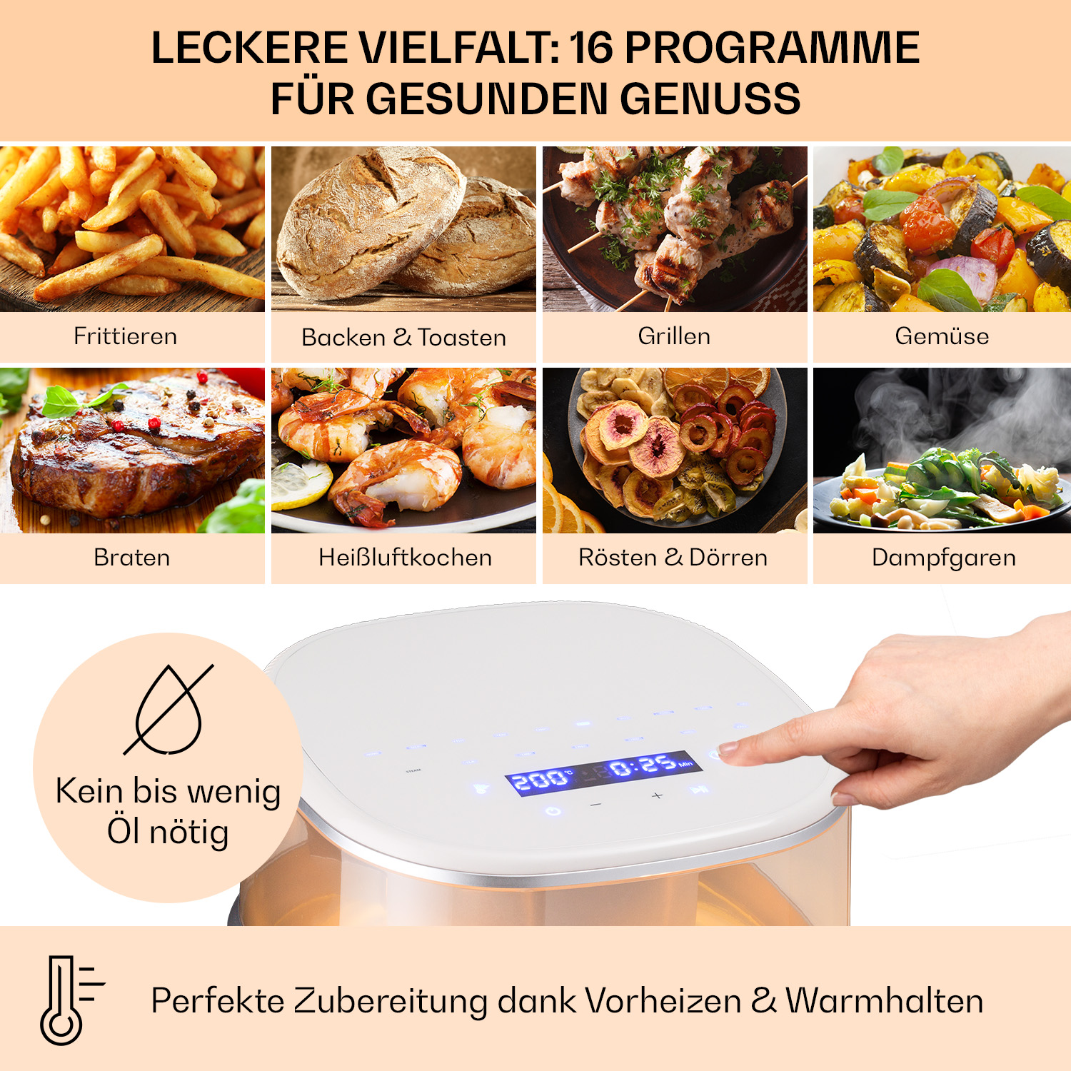 Un pannello di controllo della friggitrice ad aria e varie immagini di cibi cotti come patatine fritte, pane, carne e verdure.