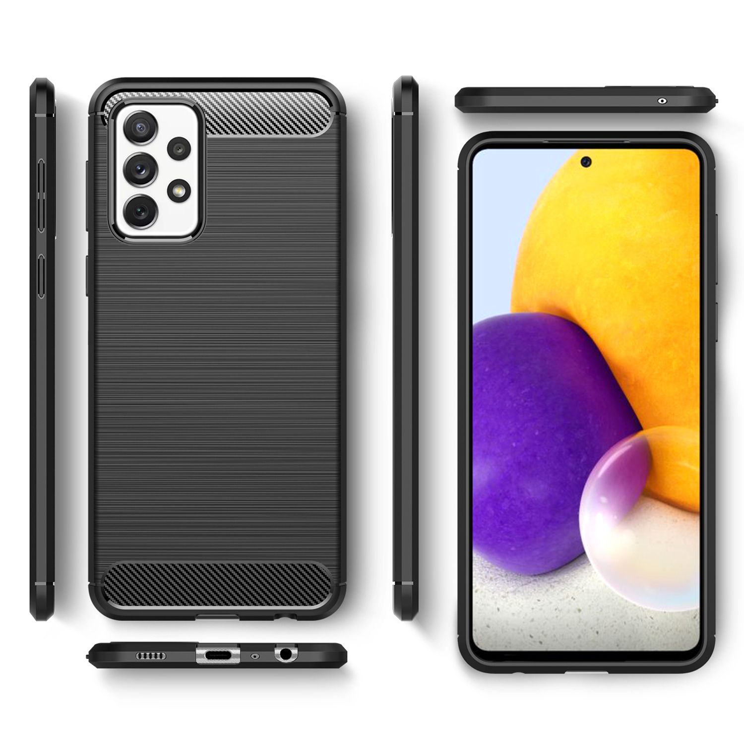 Eine schwarze Handyhülle mit strukturiertem Design. Telefon und Hülle werden aus verschiedenen Winkeln gezeigt.