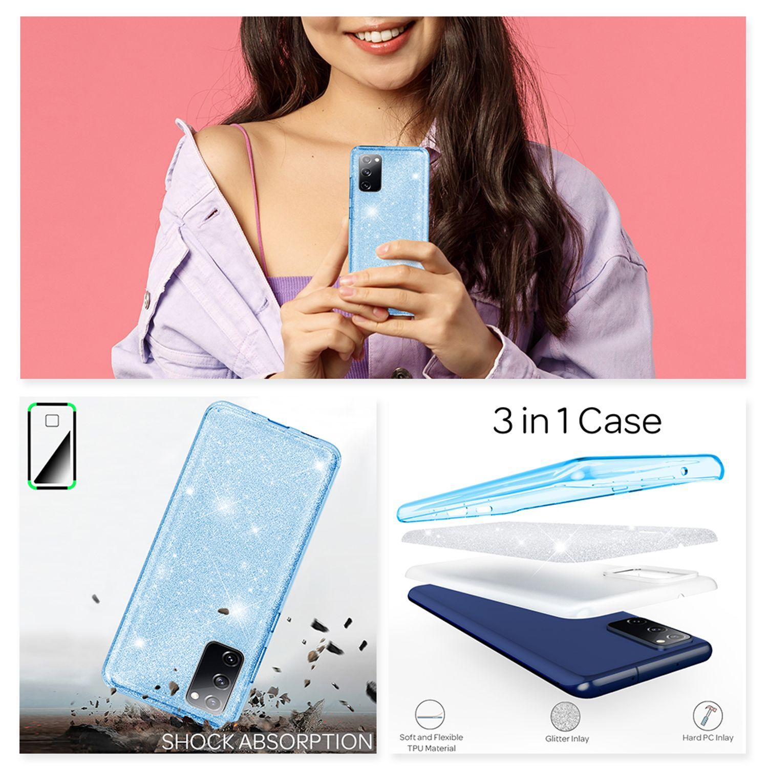 Eine Frau hält eine blaue, glitzernde Handyhülle. 3-in-1-Hülle mit Glitzer-, weichen und harten Schichten.