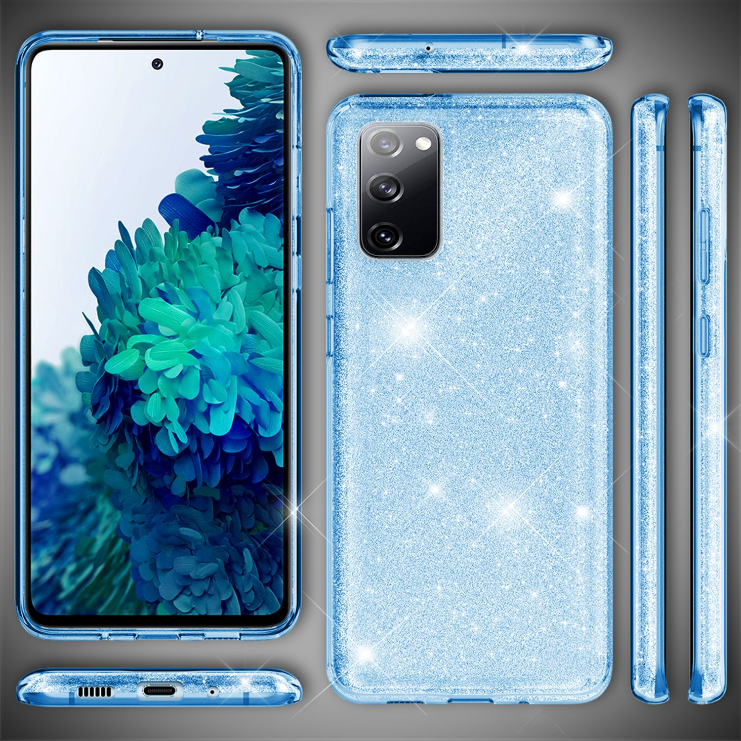 Blaue, glitzernde Handyhülle in mehreren Ansichten. Das Telefon befindet sich in der Hülle und hat eine schwarze Kamera.