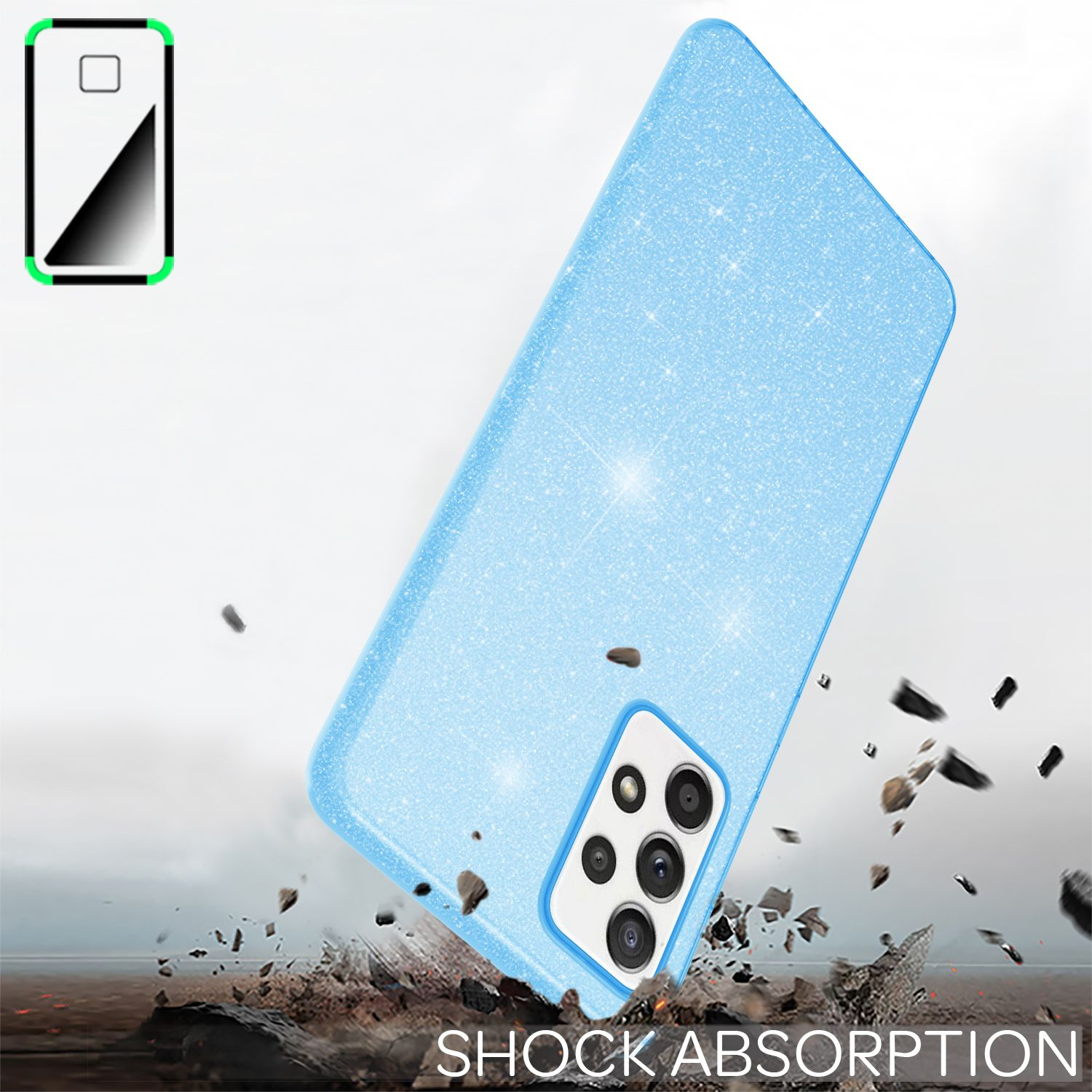 Funkelnde blaue Handyhülle mit einem Telefon darin, aus mehreren Blickwinkeln gezeigt. Text: SHOCK ABSORPTION.