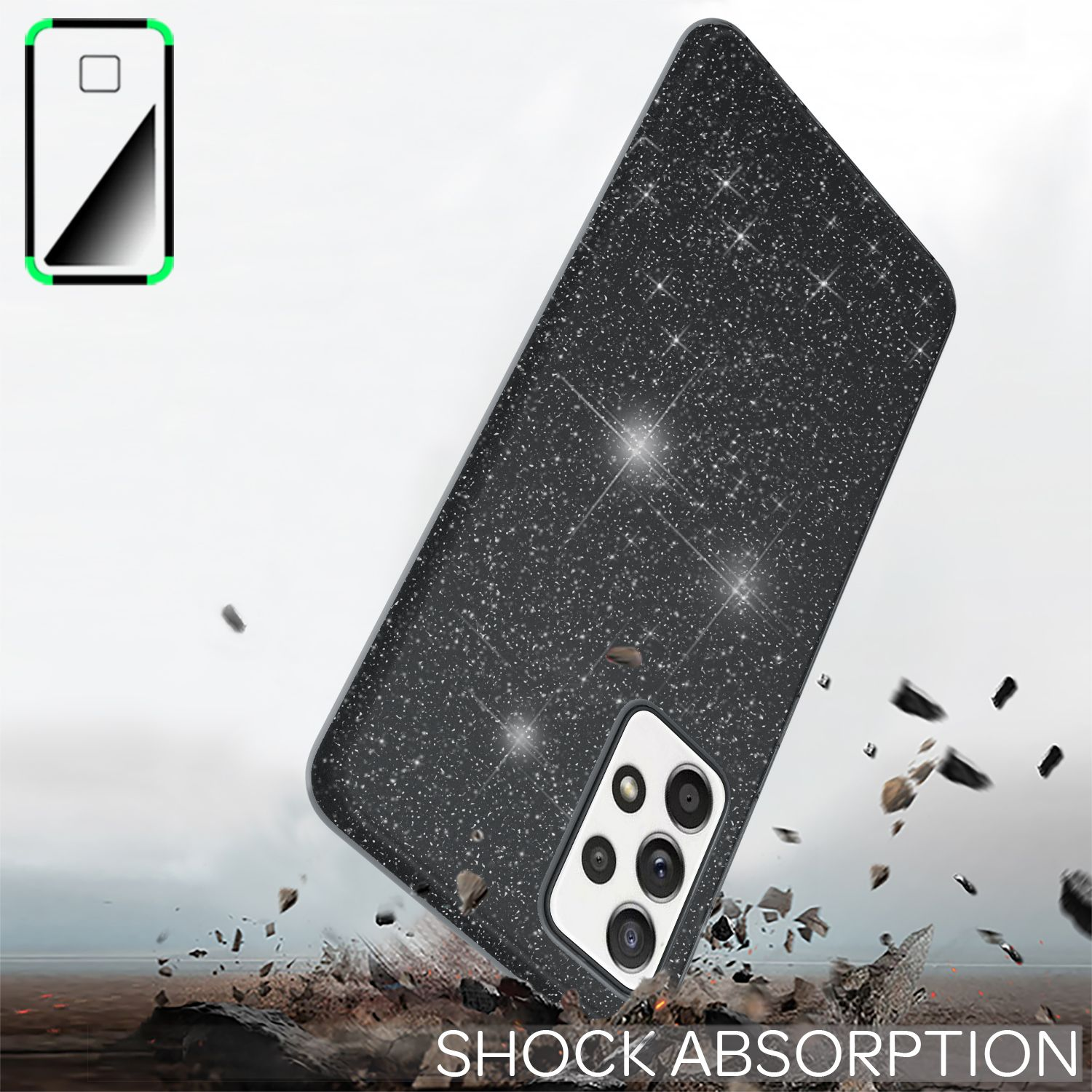 Schwarze Handyhülle mit Glitzereffekt. Das Handy fällt mit Schmutz drum herum.