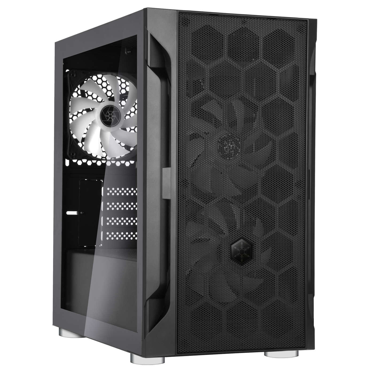 Zwarte computerkast met een transparant zijpaneel. Witte ventilator binnenin. Honingraatpatroon.