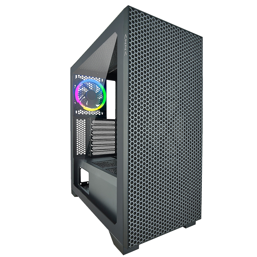 Case nero per computer con un pannello laterale che mostra una ventola colorata. Pannello laterale perforato.