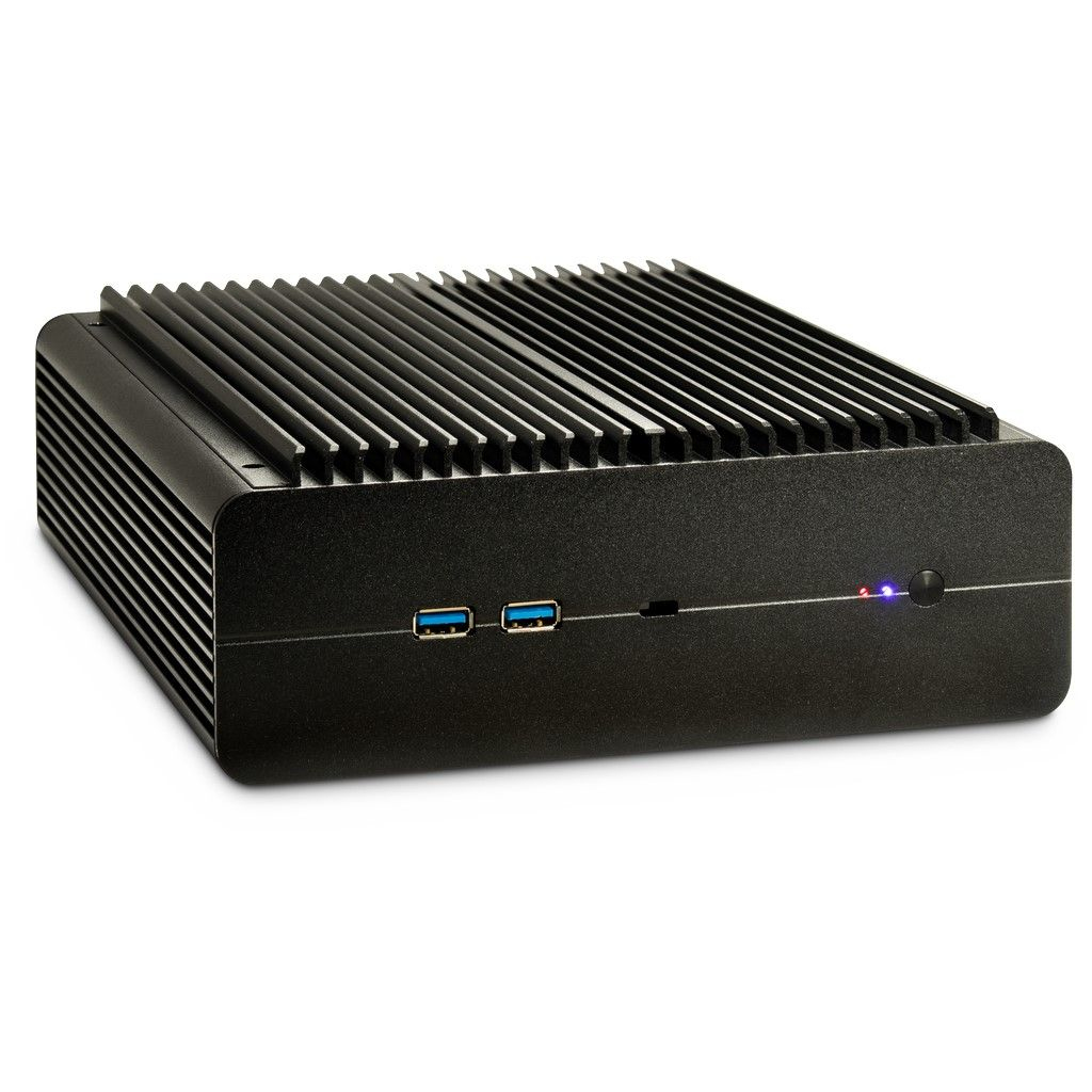 Case nero per computer con linee orizzontali sulla parte superiore e porte USB. Indicatori di attività.