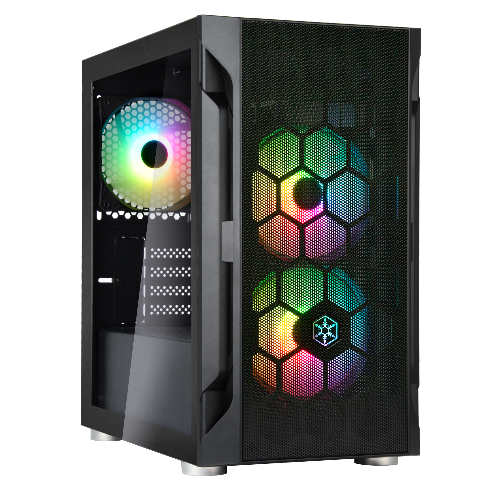 Zwarte computerkast met RGB-ventilatoren. Mesh voorpaneel. Glazen zijpaneel.