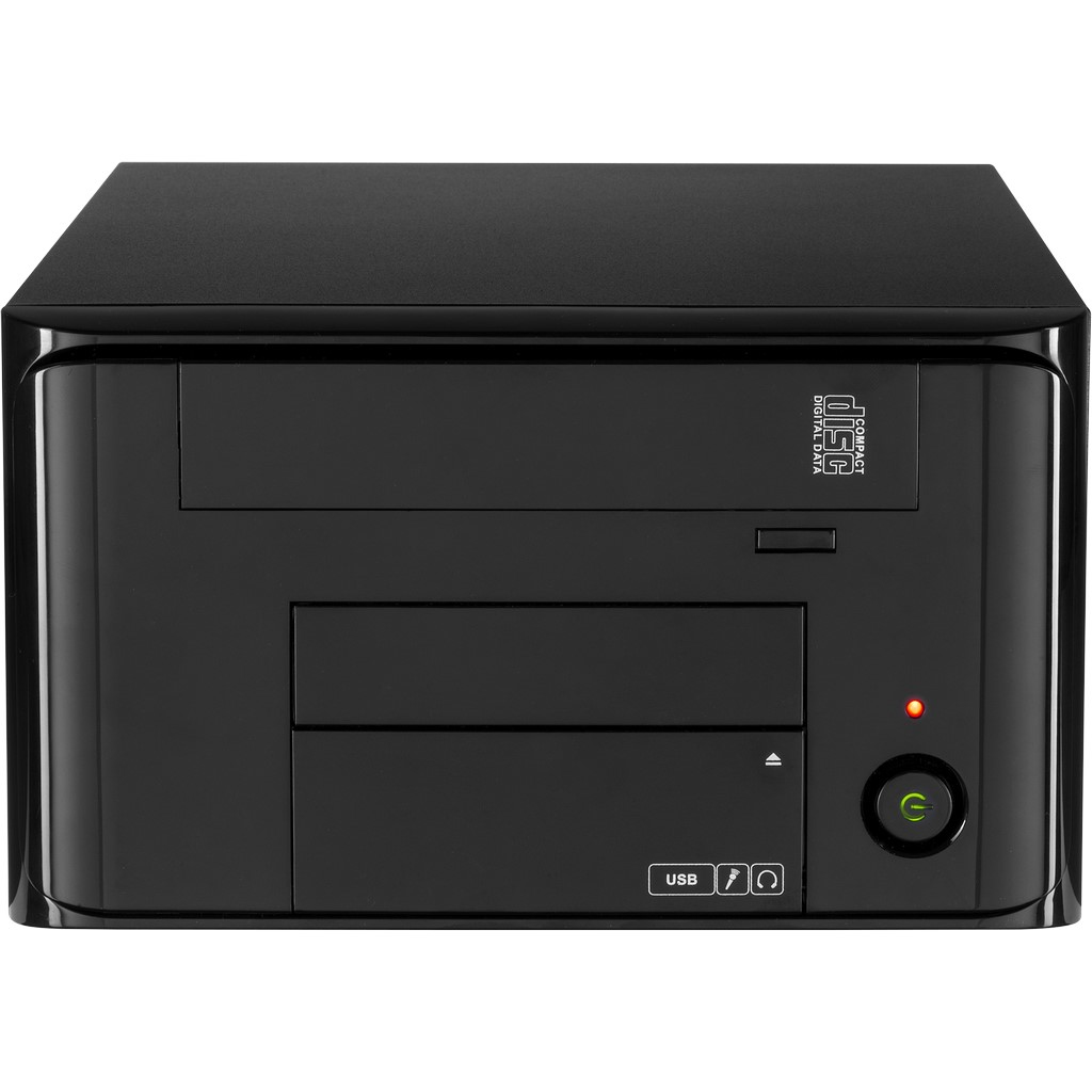 Caja de PC negra con ranura para CD, botón de encendido y puertos USB. Luz roja en el botón.