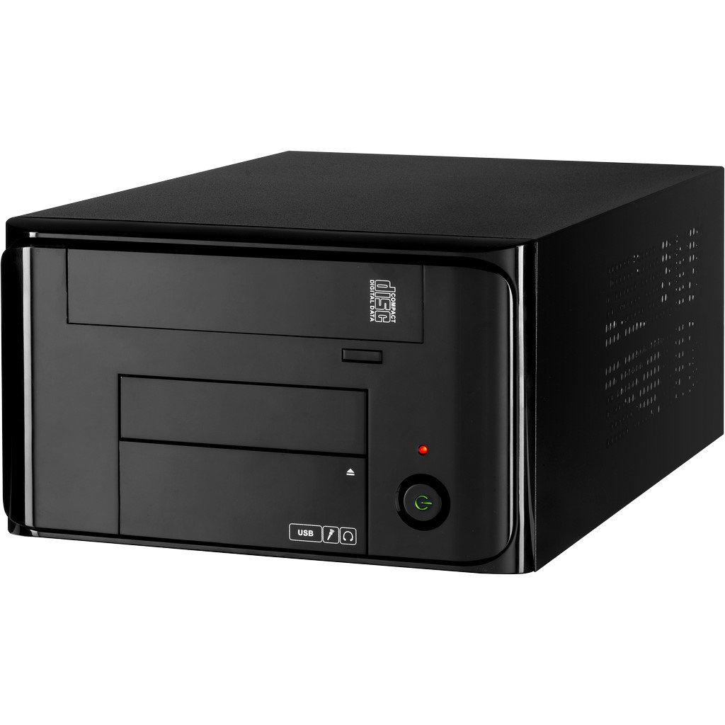 Caja de PC negra con ranura para CD y botón de encendido, puerto USB y botón de encendido con LED.