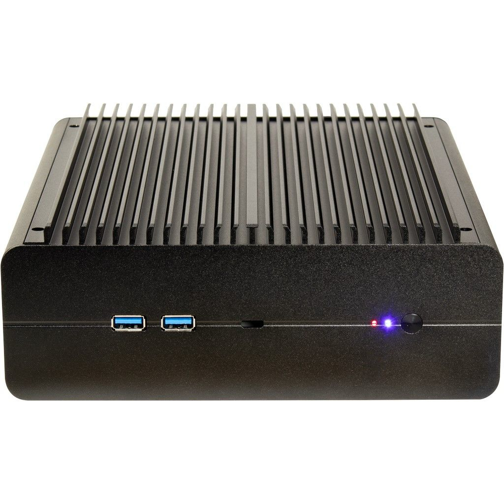 Piccolo PC nero con dissipatori di calore sopra, due porte USB e pulsante di accensione con luce blu.