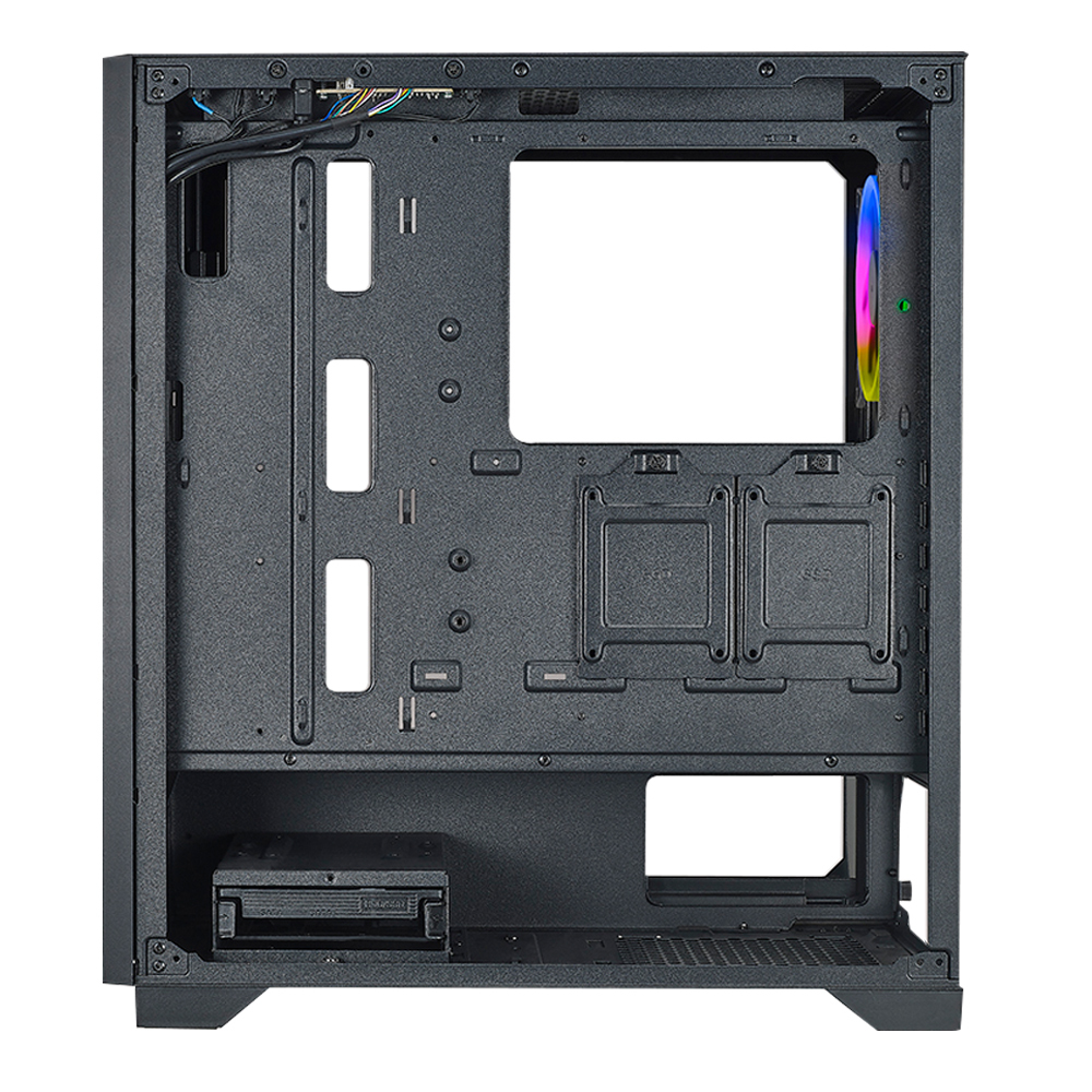 Un case per computer aperto, colore nero, che mostra l'interno con spazio per i componenti.
