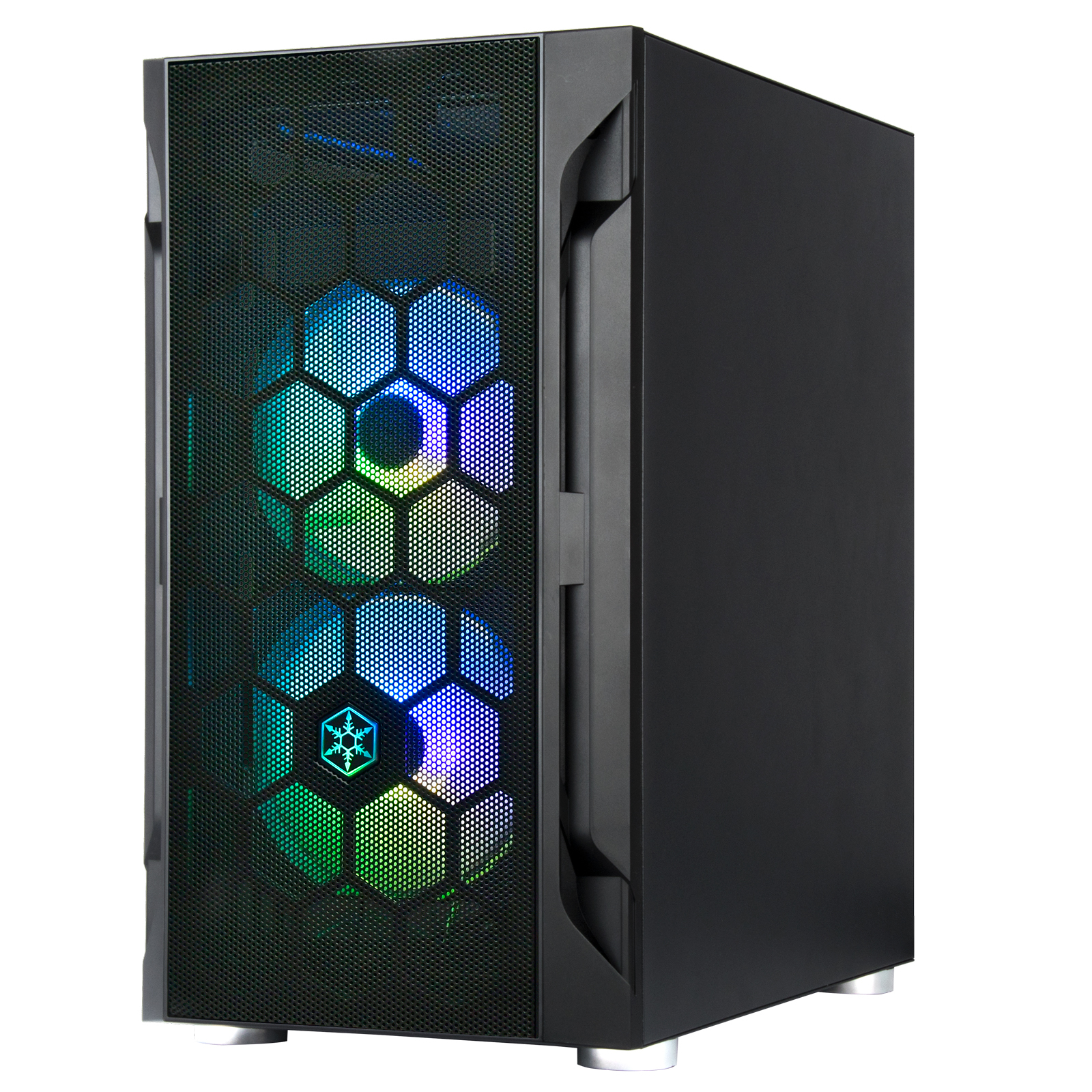 Zwarte pc-kast met RGB-verlichting aan de voorkant, zilveren voetjes en een zilveren logo onderaan.