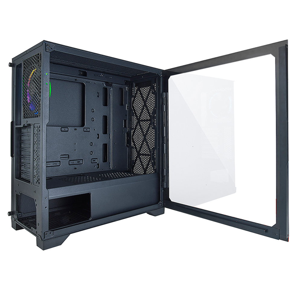 Case PC nero con pannello laterale in vetro aperto che rivela l'interno, con ventole visibili.