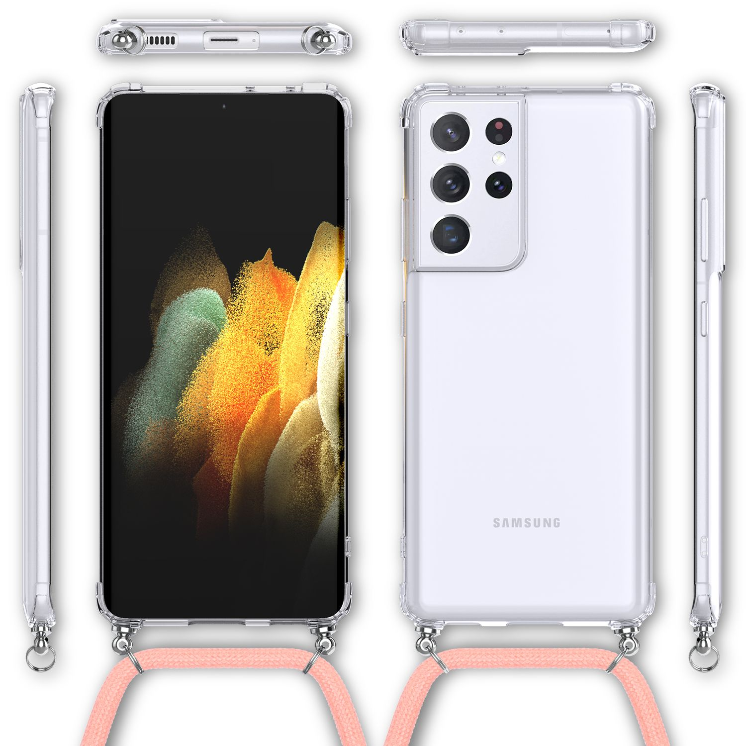 Smartphone mit durchsichtiger Hülle und rosa Riemen. Vorder- und Rückseite des Telefons sichtbar.