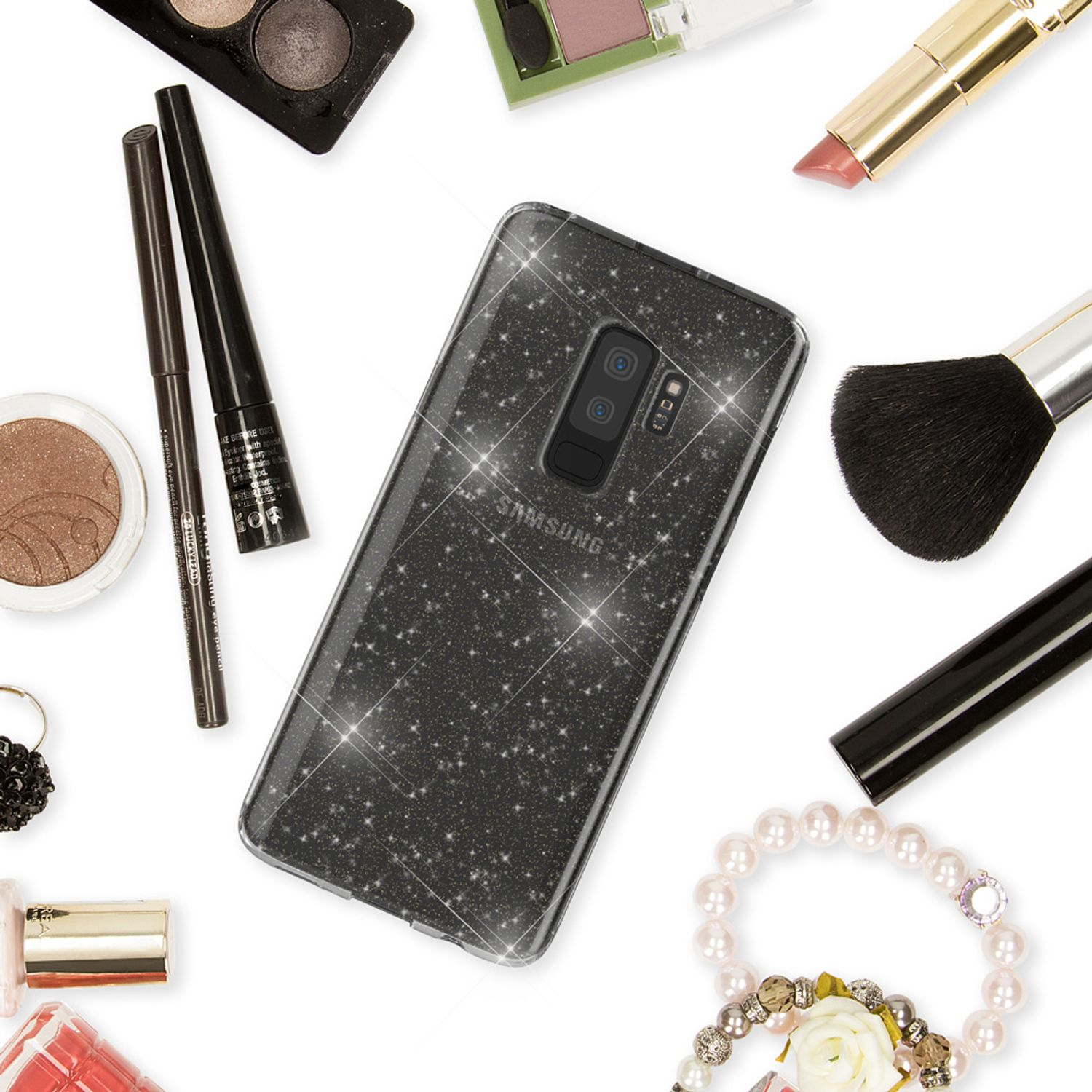 Schwarze Glitzer-Handyhülle mit Make-up. Enthält Eyeliner, Lippenstift und einen Pinsel.