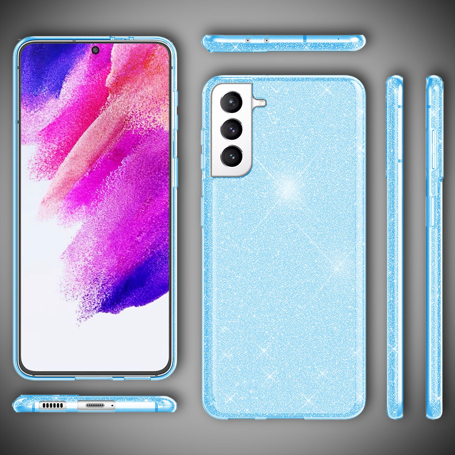 Hellblaue Handyhülle mit Telefon. Die Hülle hat Glitzer. Mehrere Ansichten werden gezeigt.