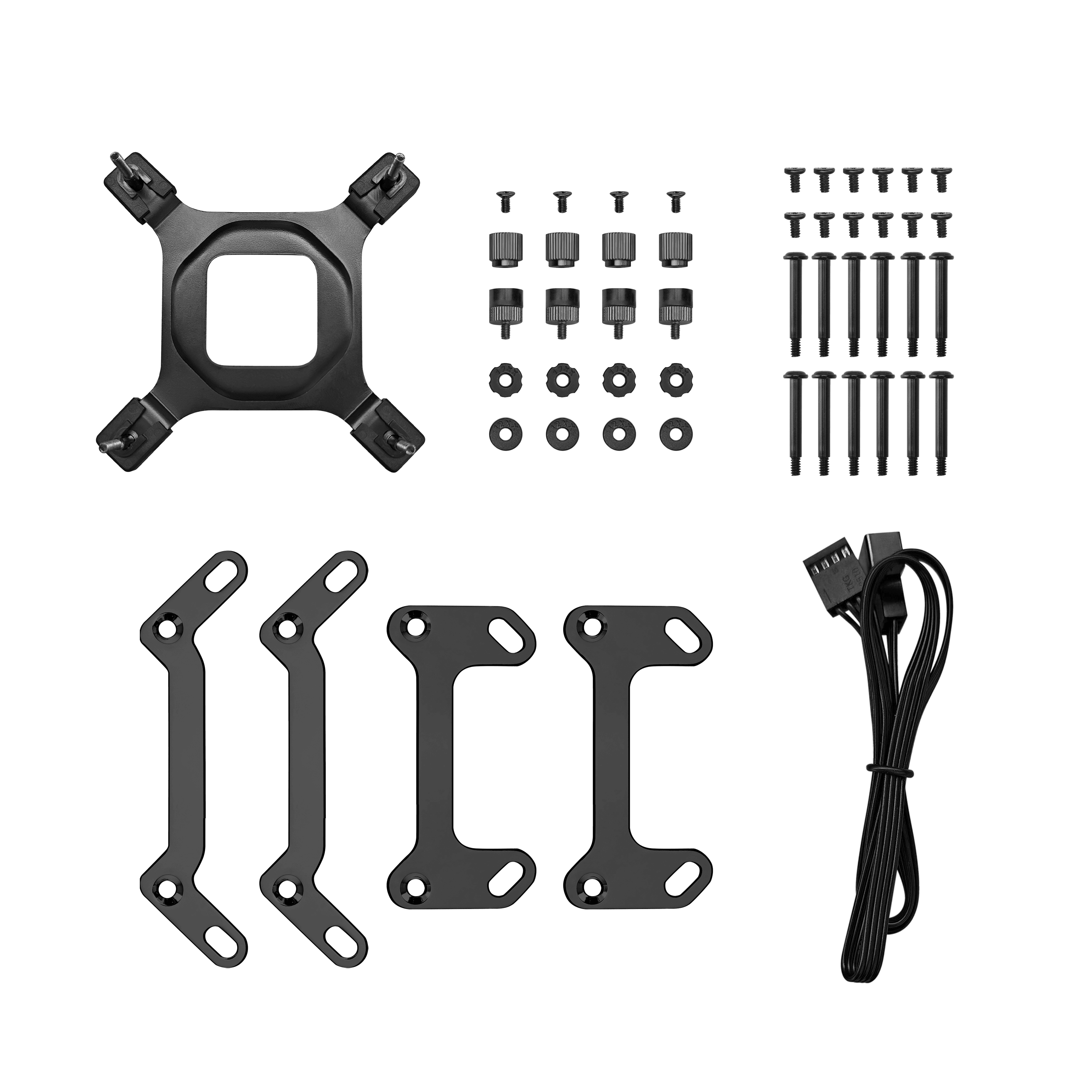 Zestaw komponentów: wsporniki montażowe, śruby i kabel, wszystko w kolorze czarnym.