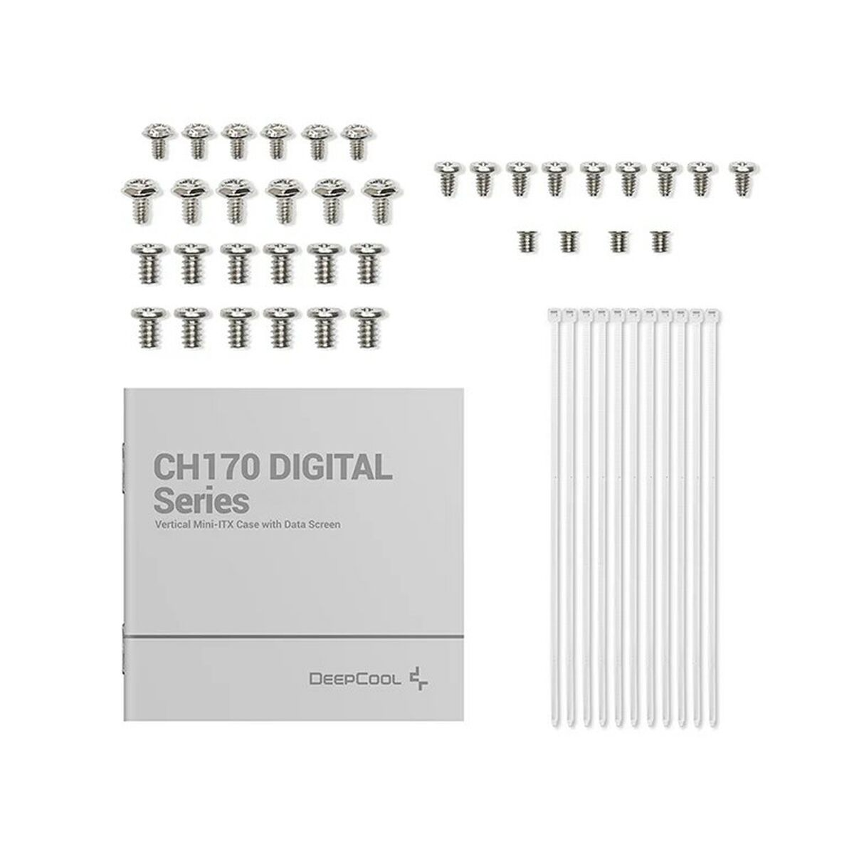 Białe pudełko ze śrubami i opisem serii CH170 DIGITAL. Tekst brzmi Vertical Mini-ITX Case with Data Screen.
