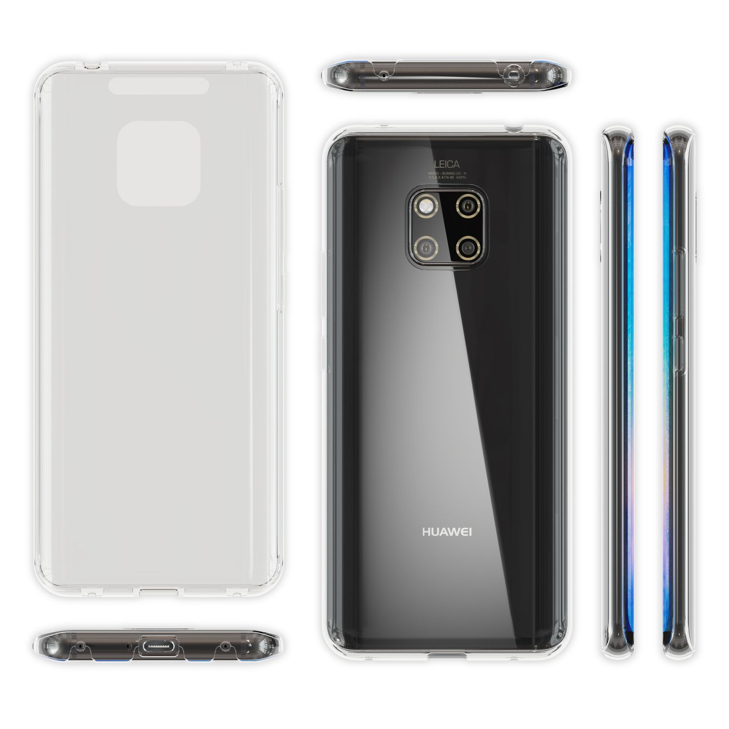 Ein Telefon in einer transparenten Hülle. Das Telefon hat eine Dreifachkamera und das Huawei-Logo ist sichtbar.