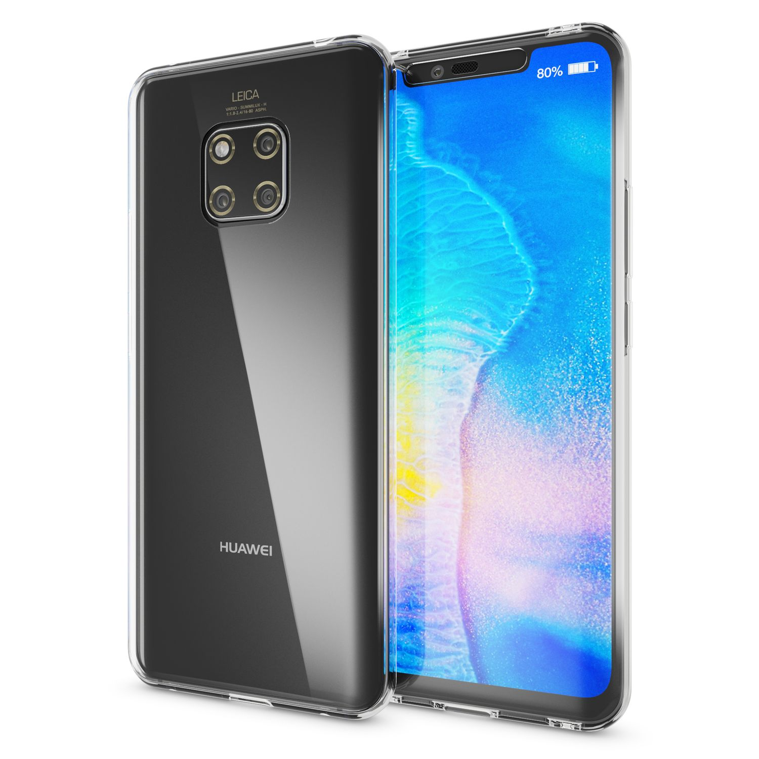 Telefon in transparenter Hülle. Das Telefon ist schwarz, mit einem Bildschirm, der ein blaues und weißes Bild zeigt.