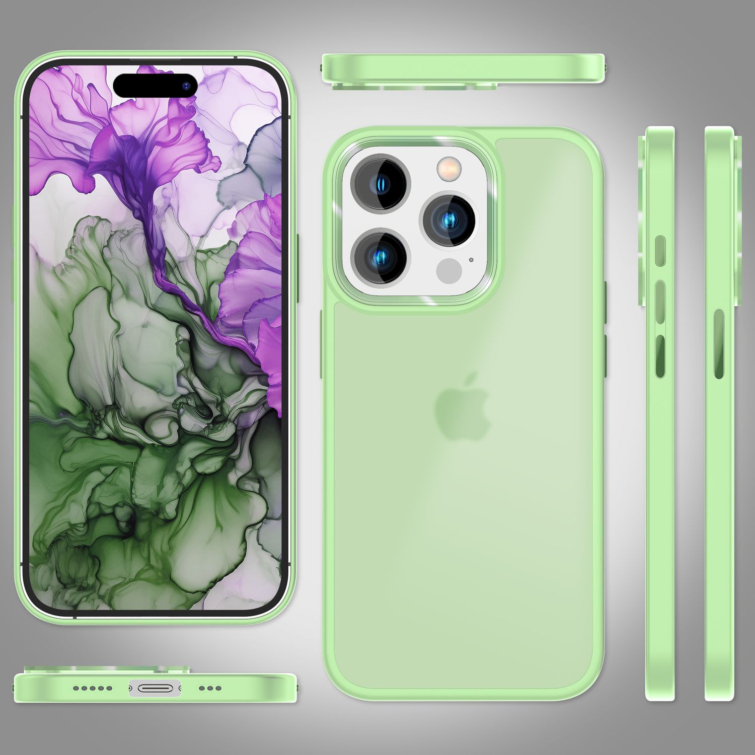 Eine grüne Handyhülle mit Telefon, verschiedene Winkel gezeigt, mit lila und grünem Hintergrund.