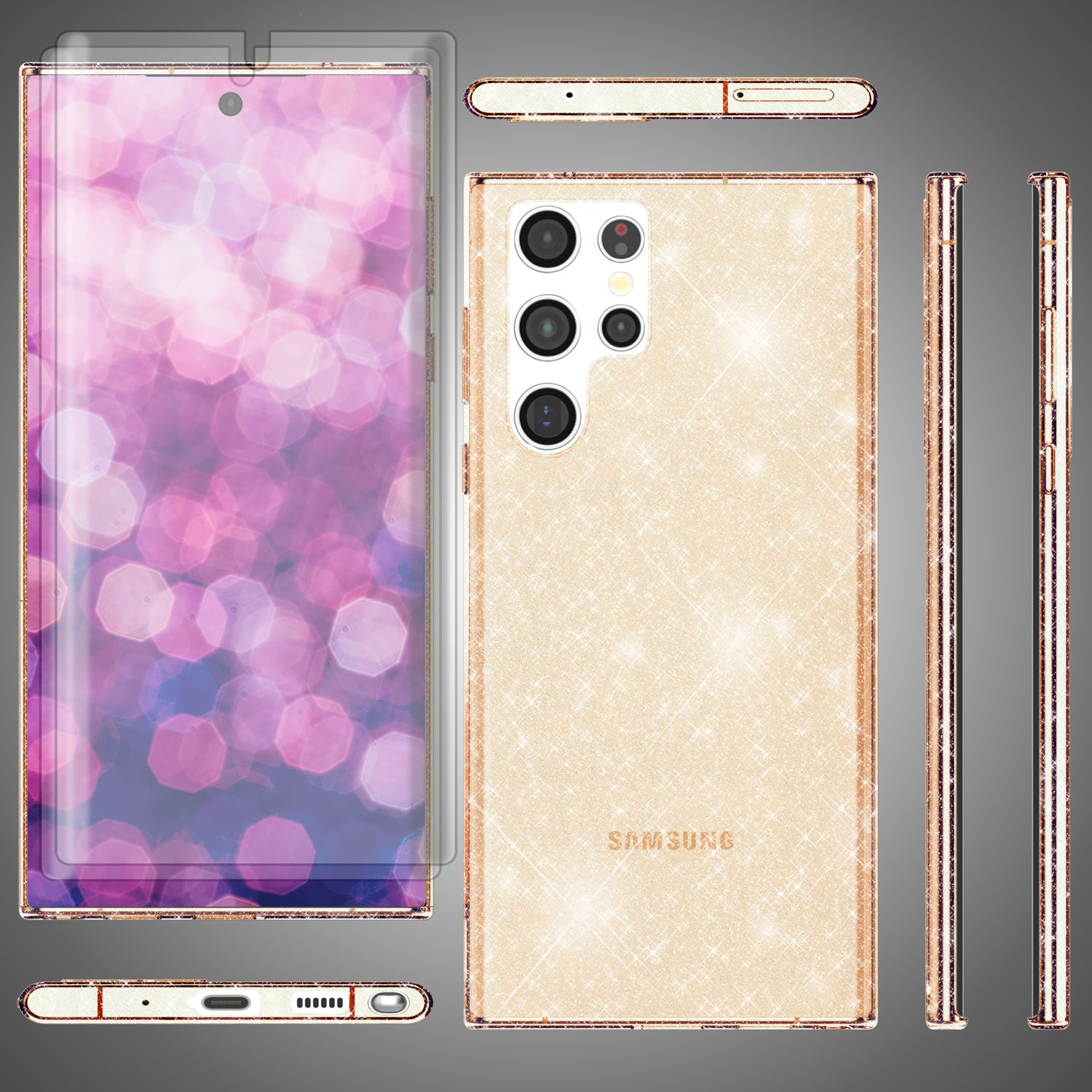 Goldenes Telefon mit Glitzerhülle, Displayschutz und Bokeh-Hintergrund.