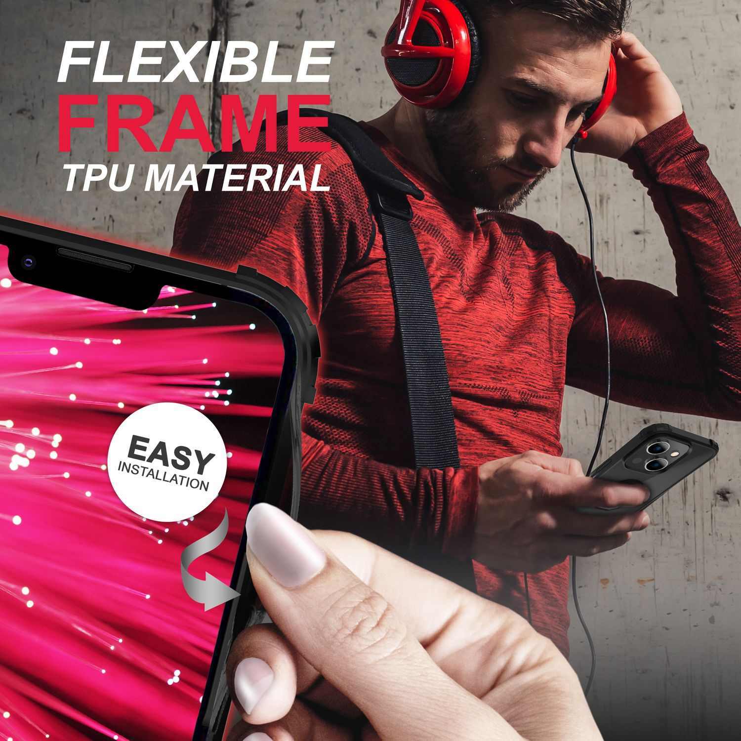 Un hombre con auriculares y camisa roja sostiene un teléfono con una funda.