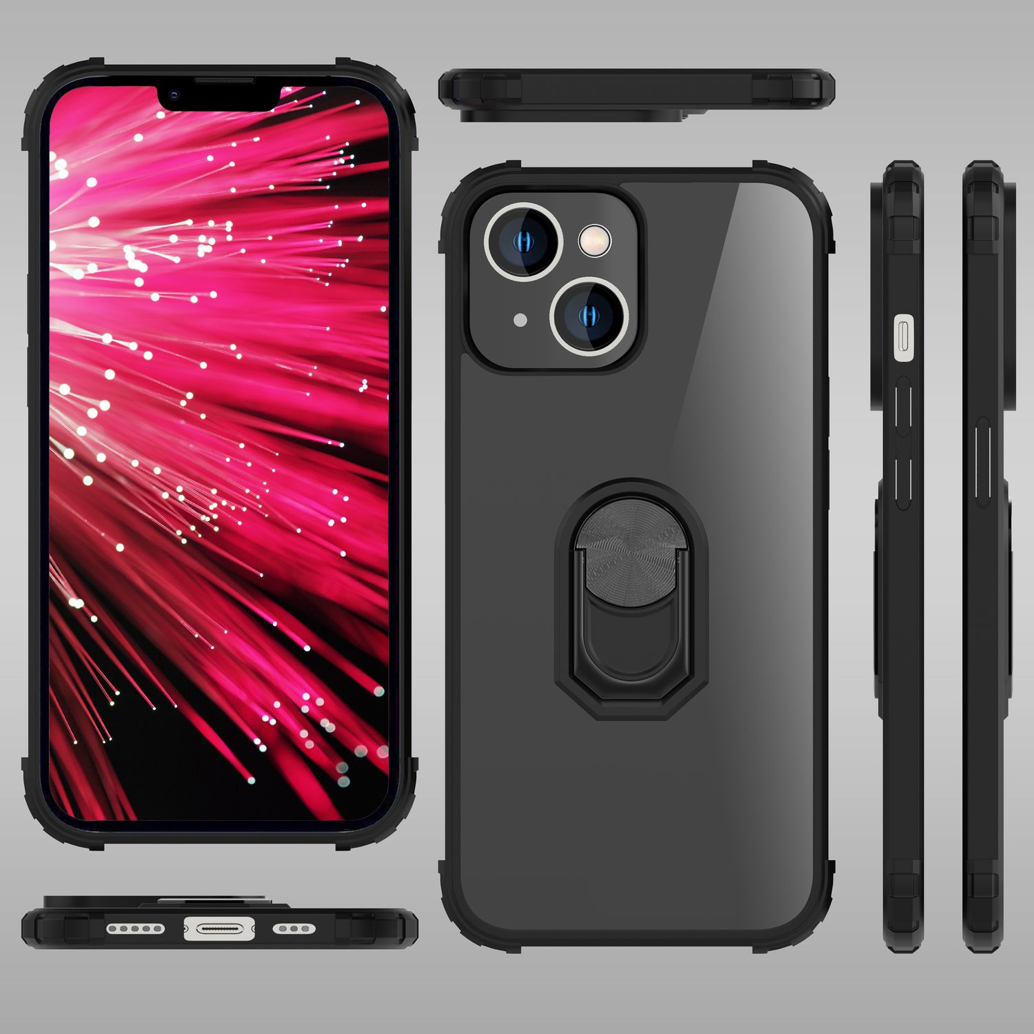 Funda de teléfono negra con soporte de anillo. Fondo rosa en la pantalla.