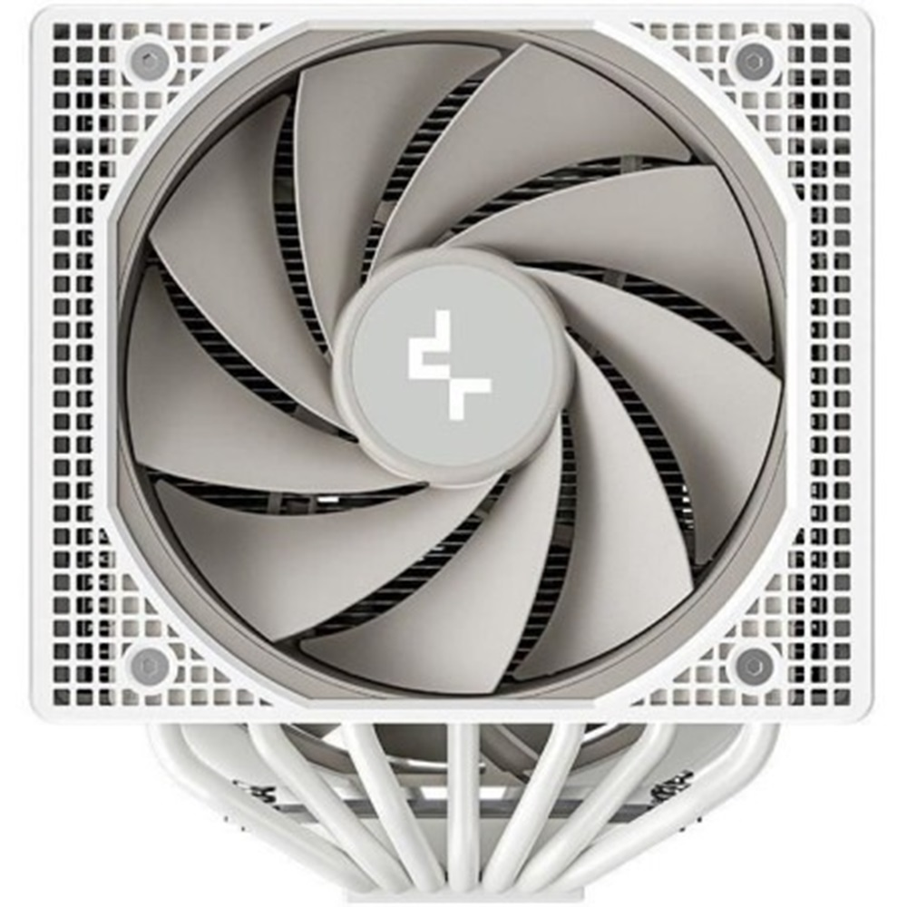 White CPU cooler. The fan has gray blades. The cooler has a square frame. White background.