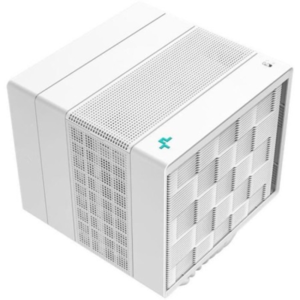 A white, cube-shaped air purifier with a perforated and grid-like design on multiple sides.