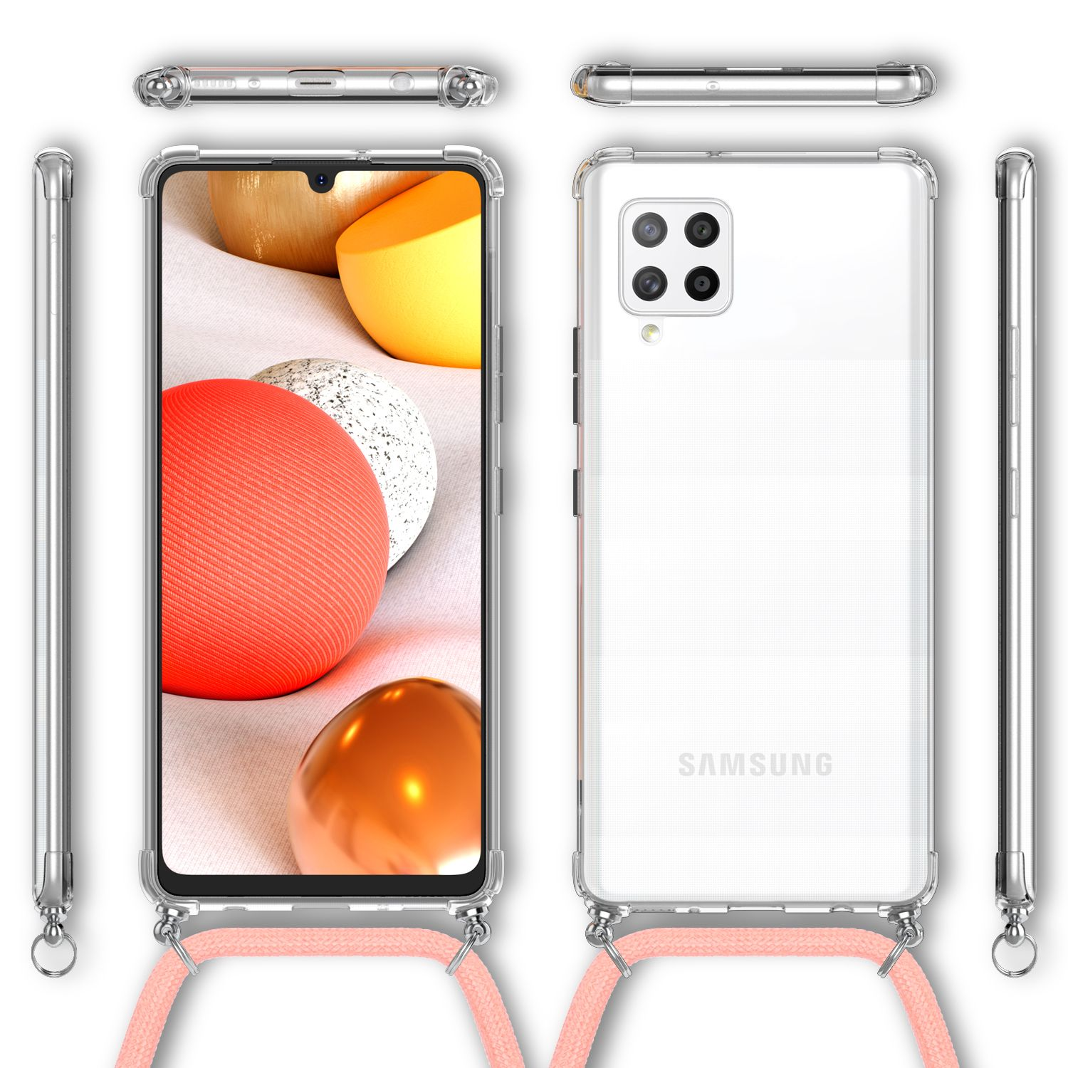 Transparente Handyhülle mit Lanyard. Das Telefon ist weiß. Merkmale sind eine transparente Hülle mit rosa Lanyard.