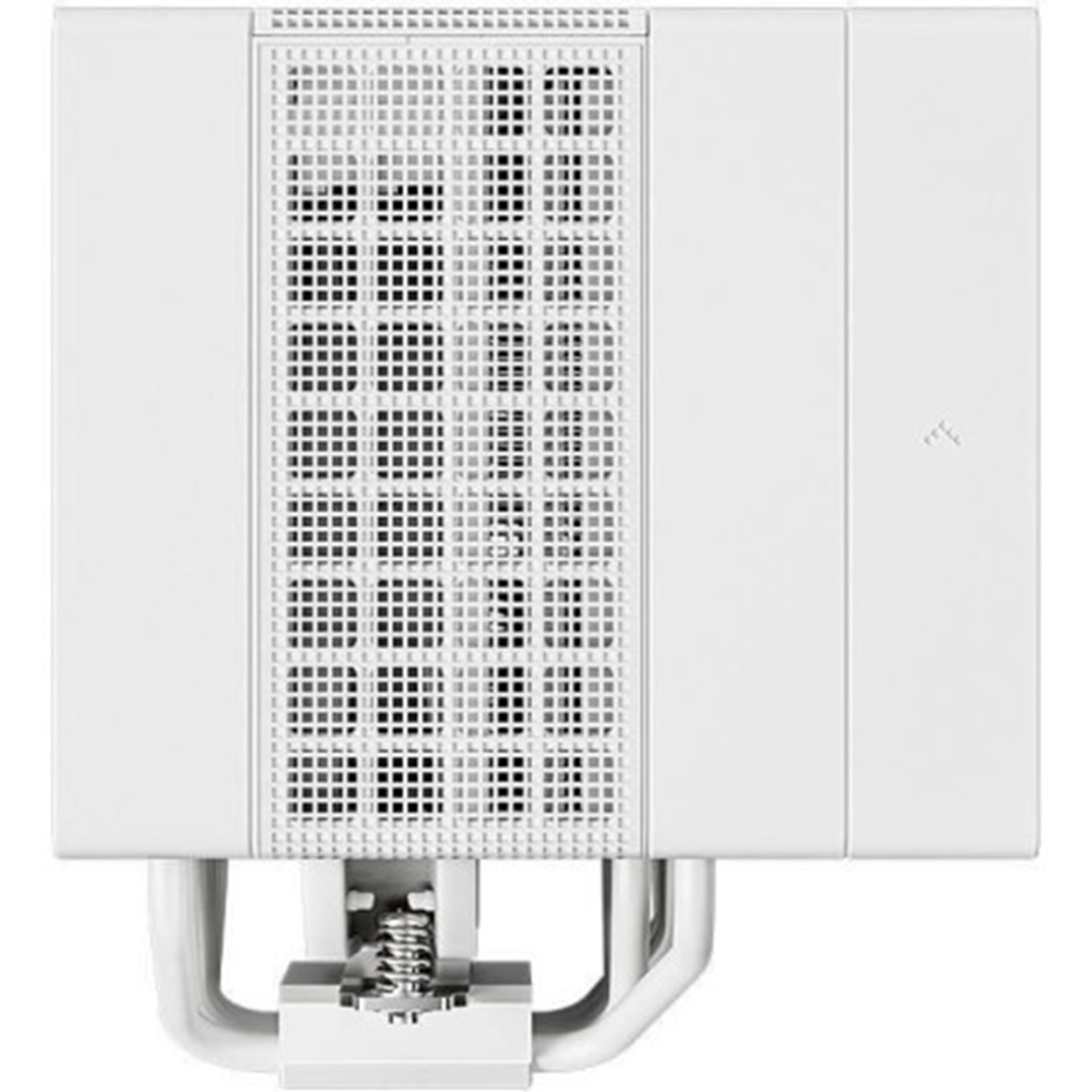 A white computer component. It has a grid pattern on the side. There is a fan visible. White background.