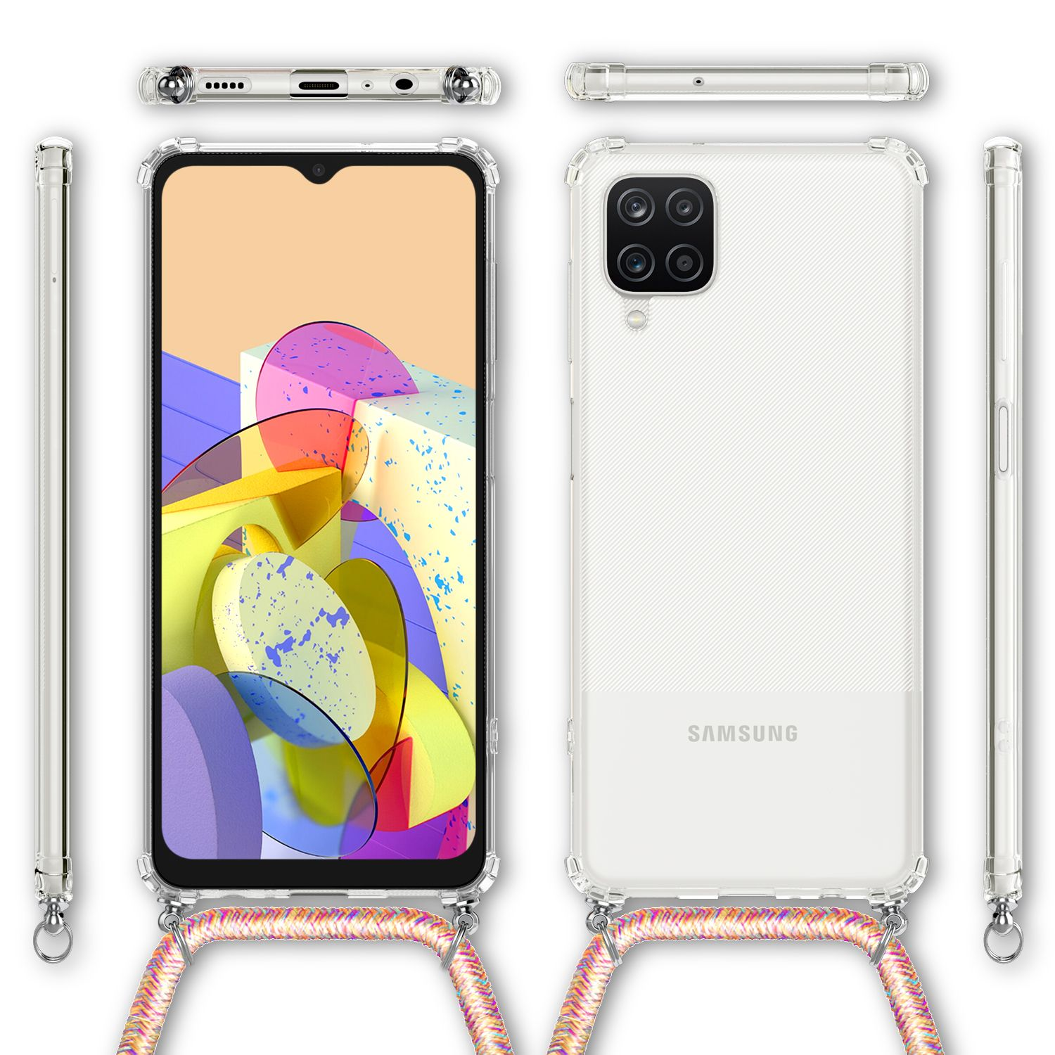 Transparente Handyhülle mit Lanyard. Das Telefon ist weiß. Merkmale sind eine transparente Hülle mit rosa Lanyard.