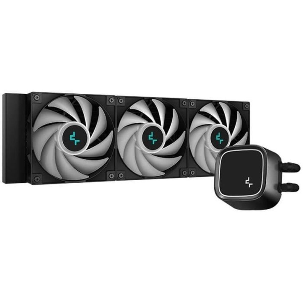 Three fans and a black water pump for a computer. The fans are silver and black. White background.