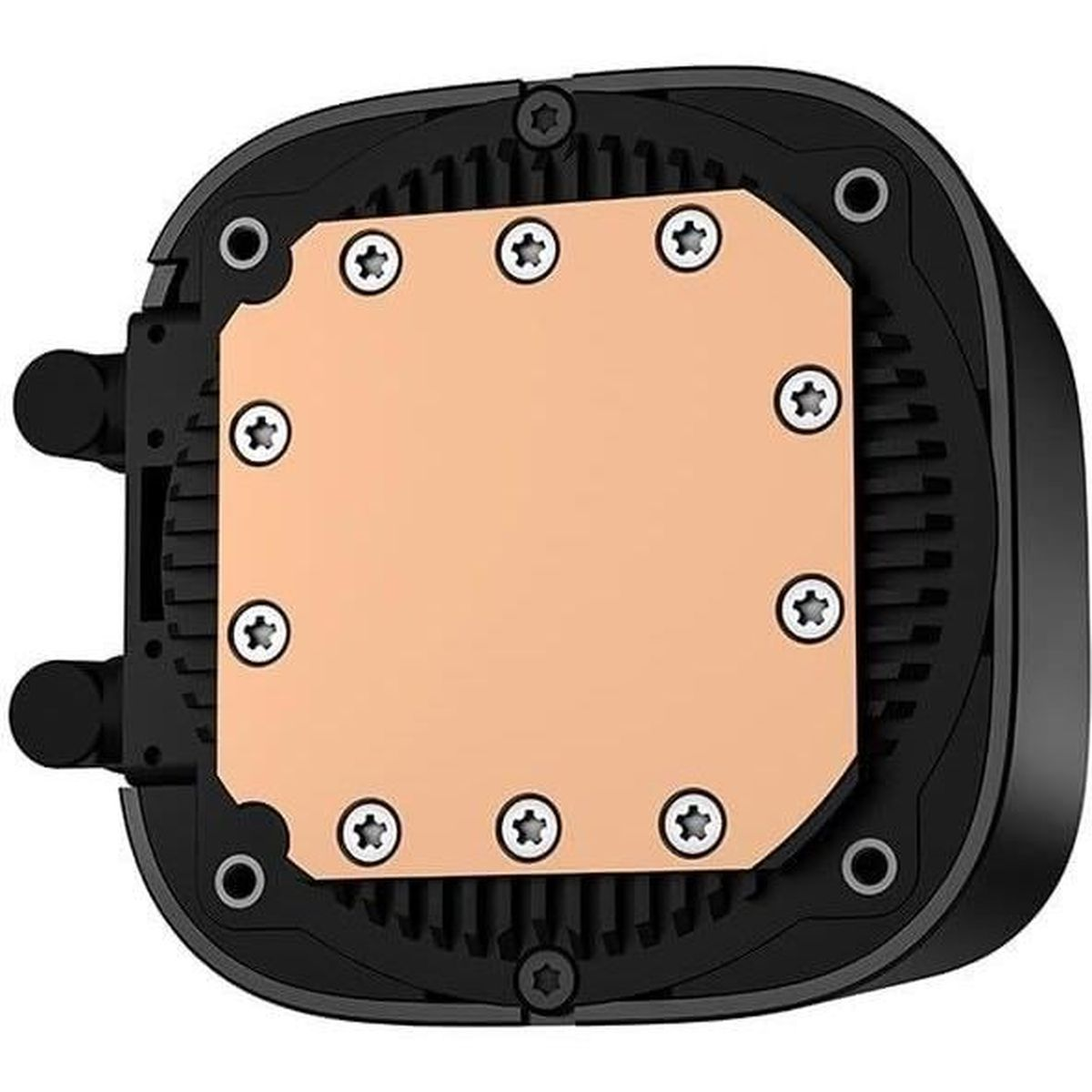 Computer cooling system. A black frame with a copper plate and screws.