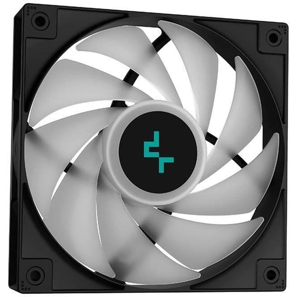 Computer fan. Black square frame with white blades and a black center with a blue logo.