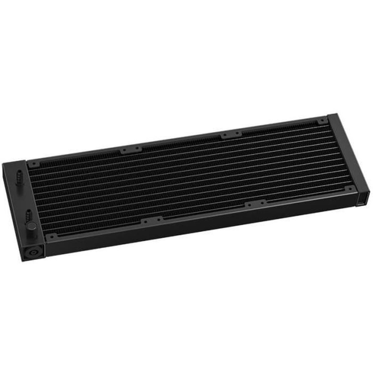 Black radiator for computer cooling. A long, black rectangle with fins.