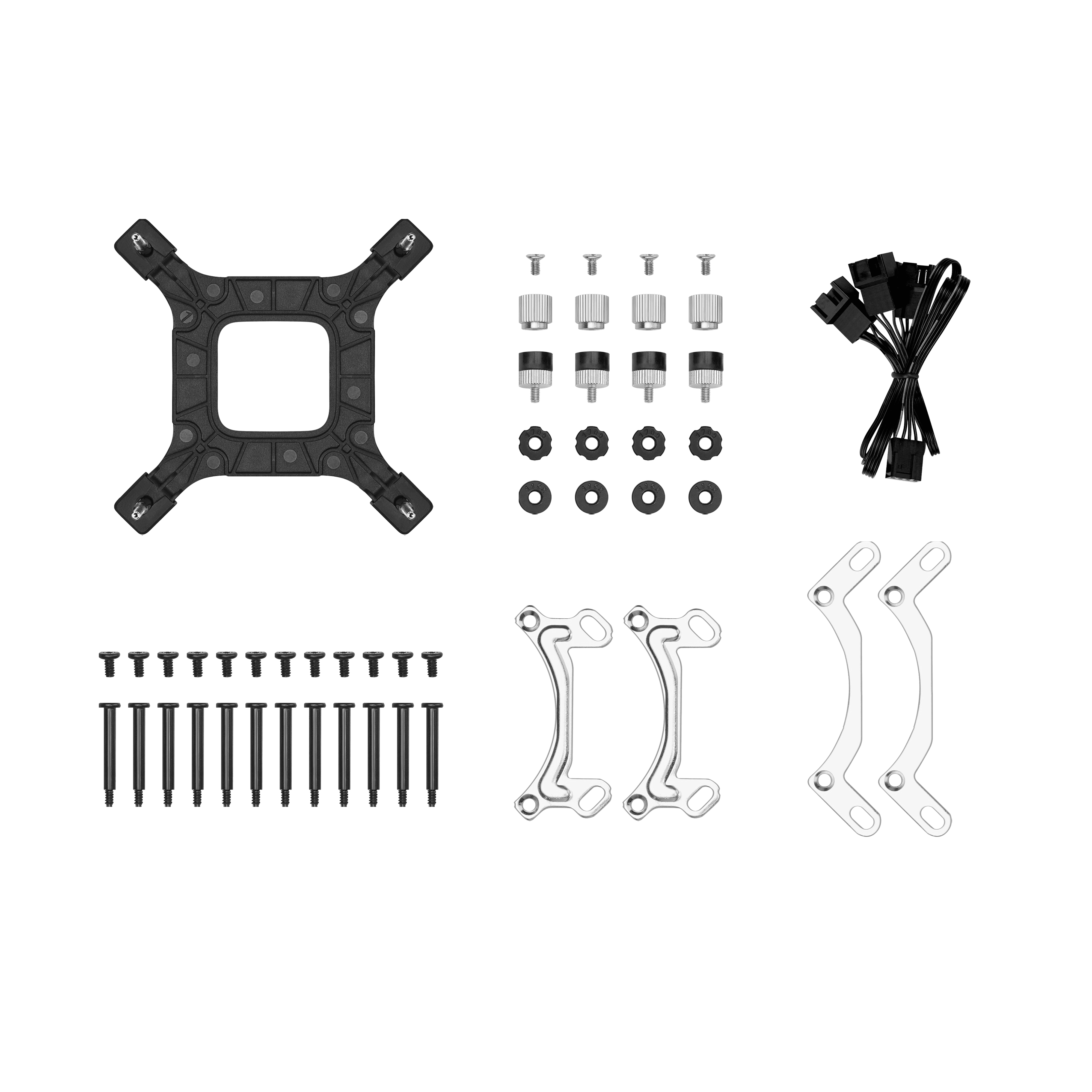 Computer components, including a black square bracket, screws, and connecting cables.
