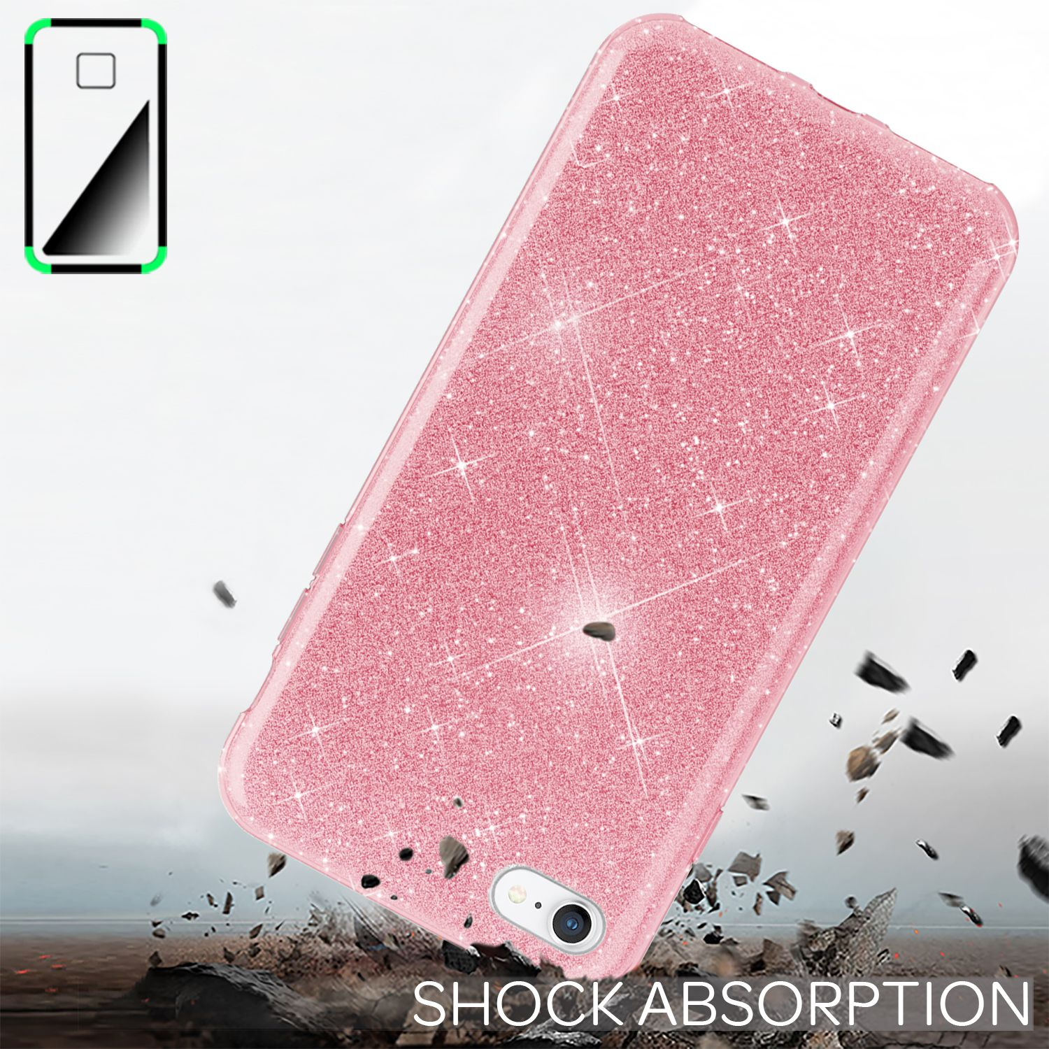 Custodia per telefono rosa con effetto glitter. La custodia è rosa e ha un effetto glitter.