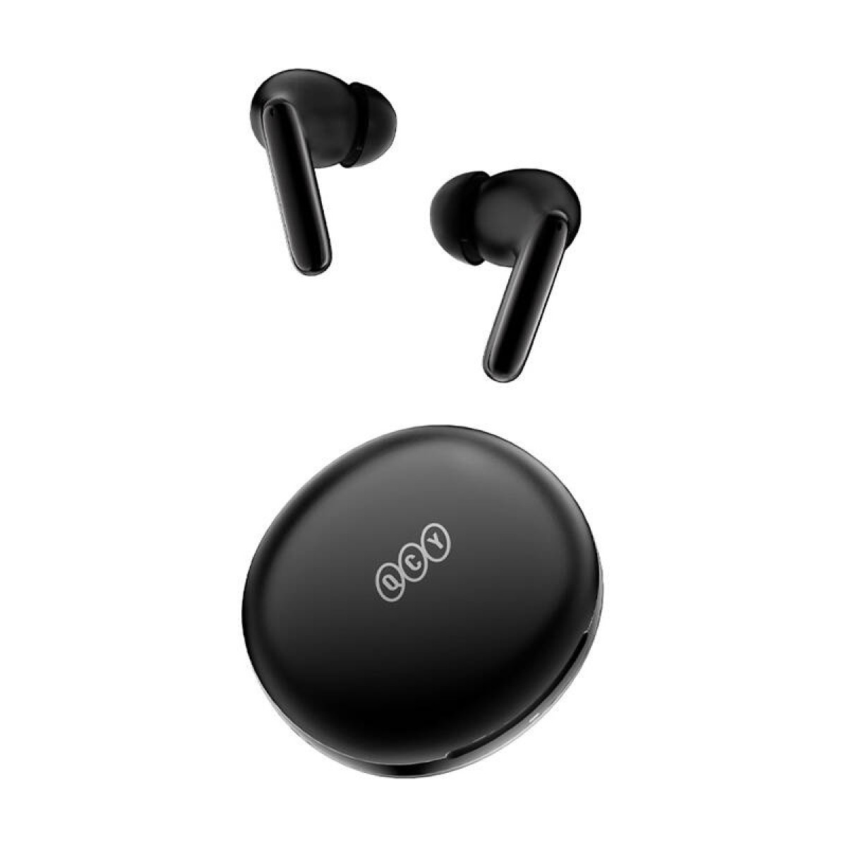 Auricolari wireless neri e custodia di ricarica. La custodia è ovale con un logo.