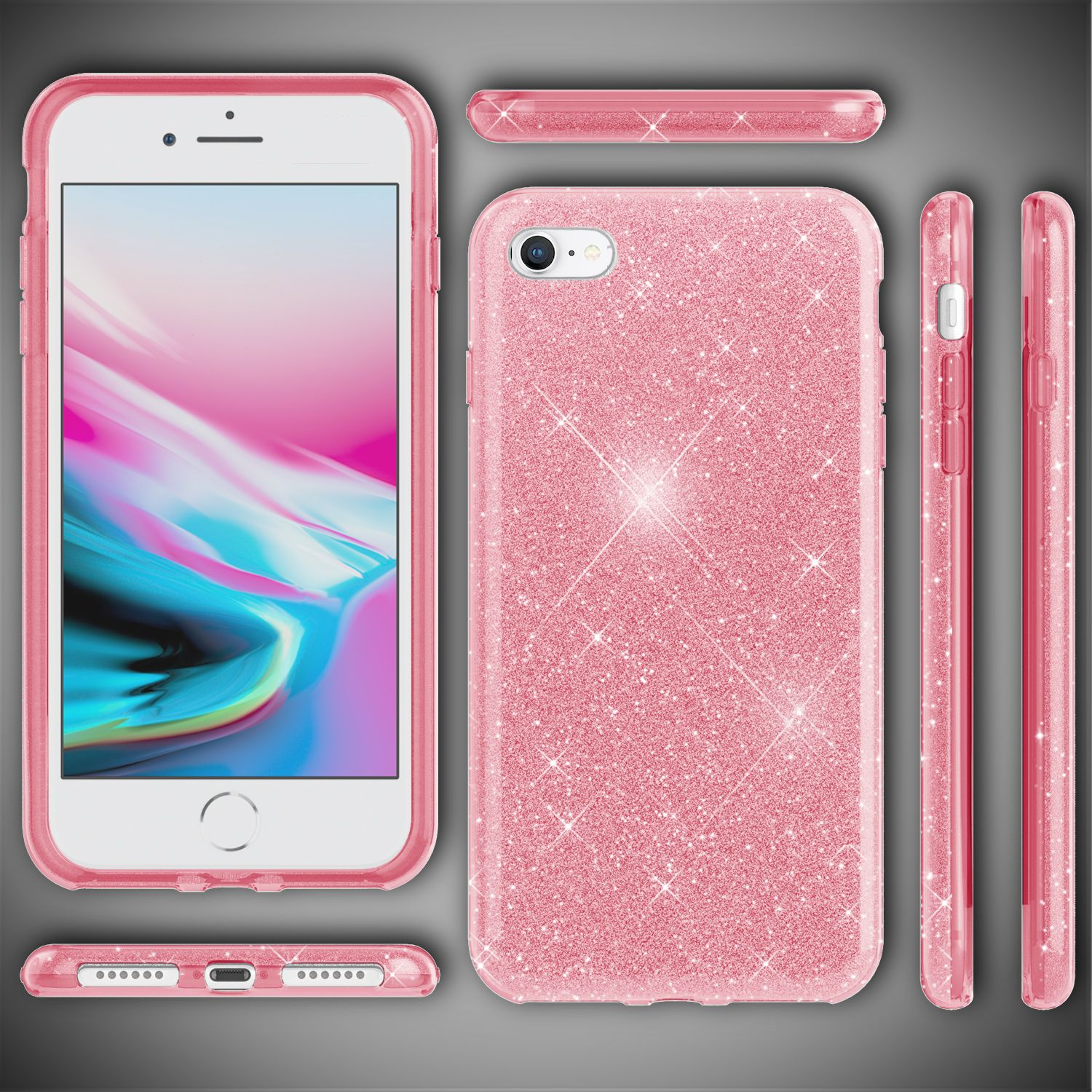 Custodia rosa per telefono con glitter. La custodia è rosa e ha un effetto glitter.